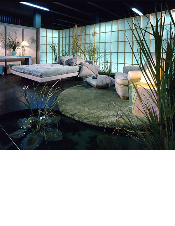  Water mote runs in front of shoji screens under the bed. Splatter painted canvas panels and upholstery is used throughout. Rubber flooring and carpeted 'lily pad' floor, offer contrasts of soft greens. 