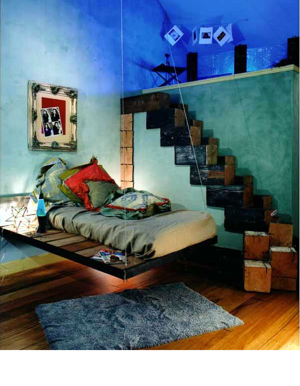  The entire room was made with found materials from the SF Dump. The glass panels in loft were made by an artist in residence there. Floating bed from scrap iron. Ten by ten beams used as risers.&nbsp; 