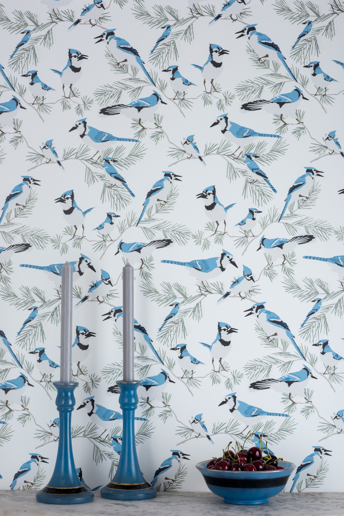 Kate Golding Blue Jay wallpaper // Modern wallcoverings and interior decor.