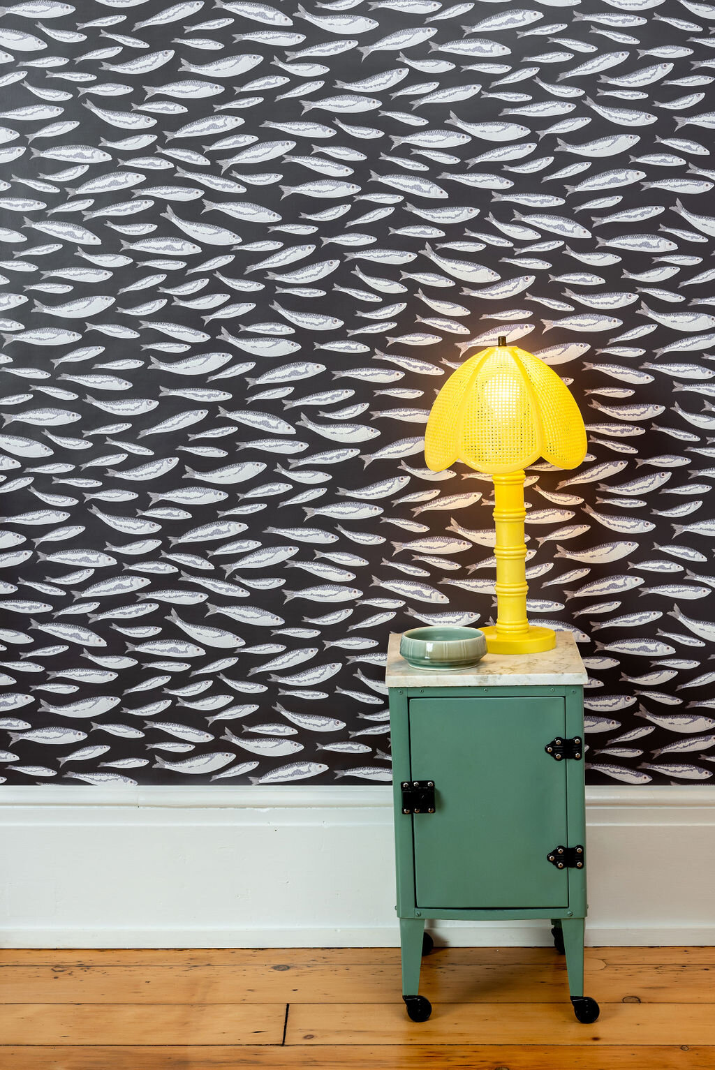 Kate Golding Sardines (Charcoal) wallpaper // Modern wallcoverings and interior decor.