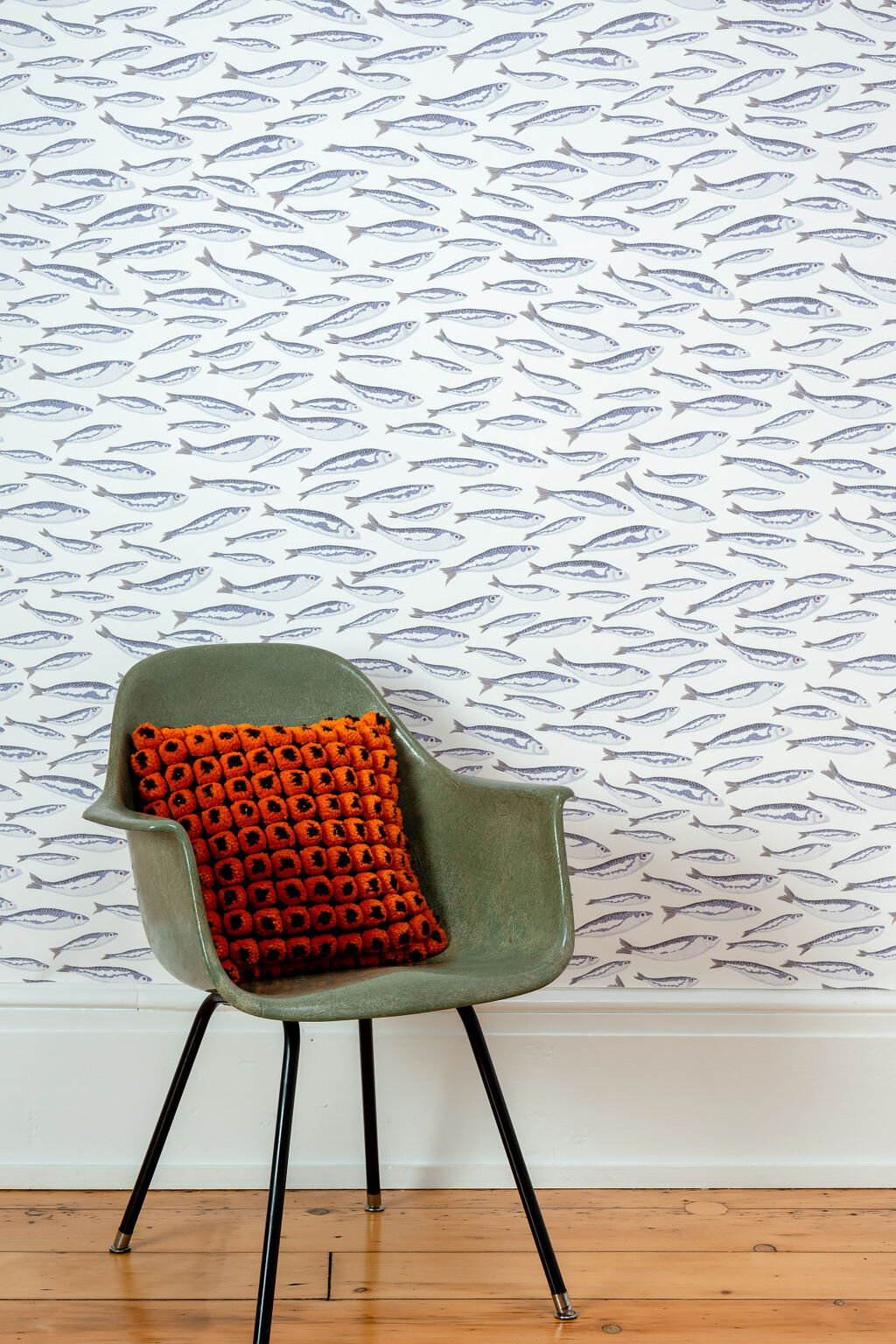 Kate Golding Sardines (White) wallpaper // Modern wallcoverings and interior decor.