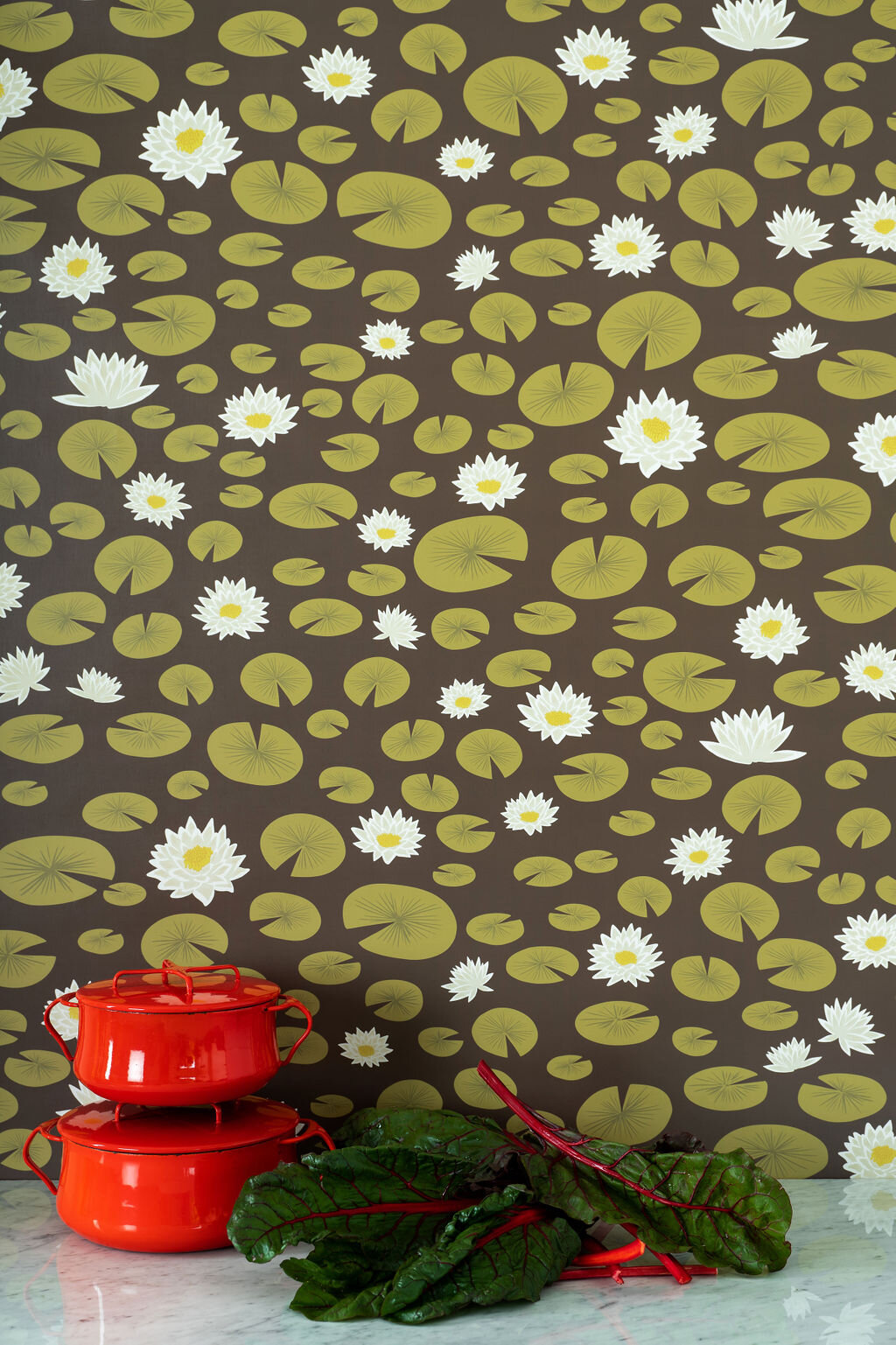 Kate Golding Water Lily (Brown) wallpaper // Modern wallcoverings and interior decor.