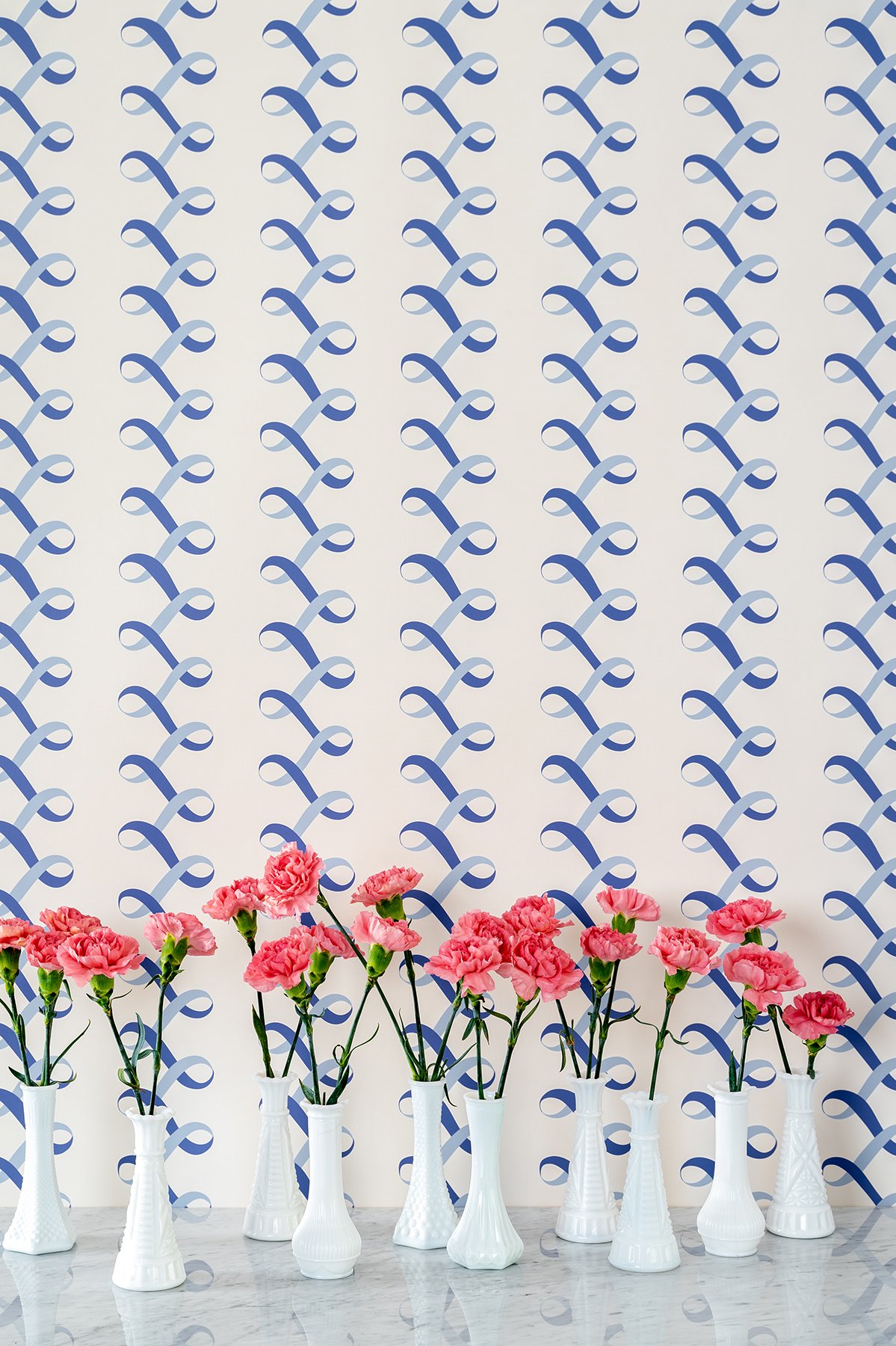 Kate Golding Ribbons Blue wallpaper // Modern wallcoverings and interior decor.