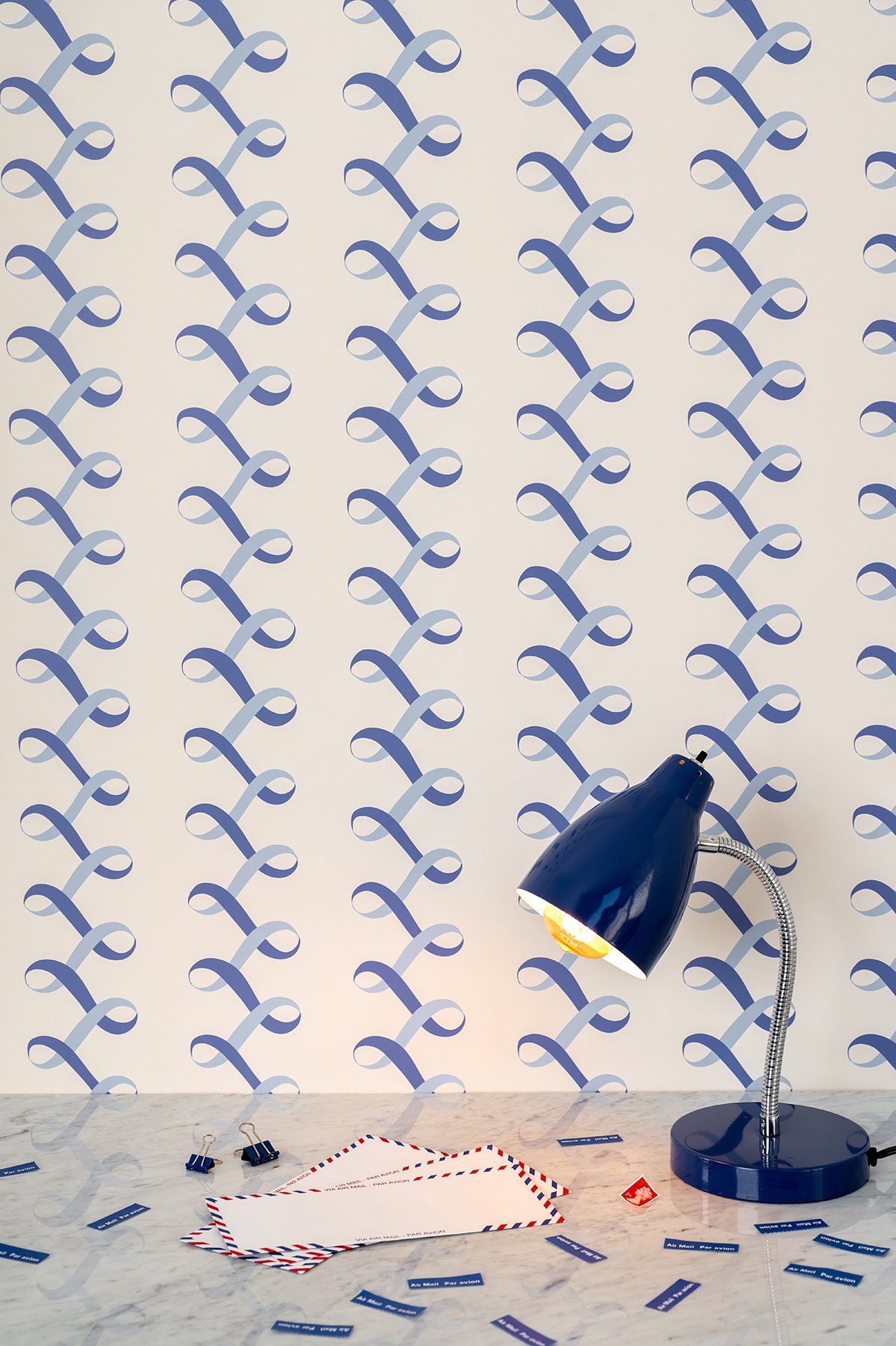 Kate Golding Ribbons Blue wallpaper // Modern wallcoverings and interior decor.