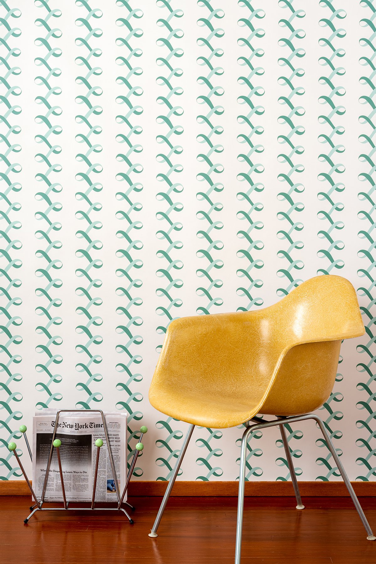 Kate Golding Ribbons Green wallpaper // Modern wallcoverings and interior decor.