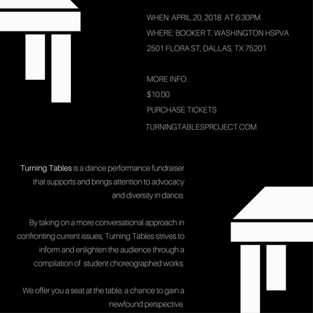 TURNING TABLES PROJECT Turning tables serves to bridge the gap between minorities and the arts by stitching together the things we know for sure with the things that we believe are true about each other. With a goal of shattering implicit biases whilst inspiring and informing the audience to stay “woke” and to leave more conscious than they came. Turning Tables is a collection of whimsical, informative, and thought provoking pieces prepared and choreographed from student works.