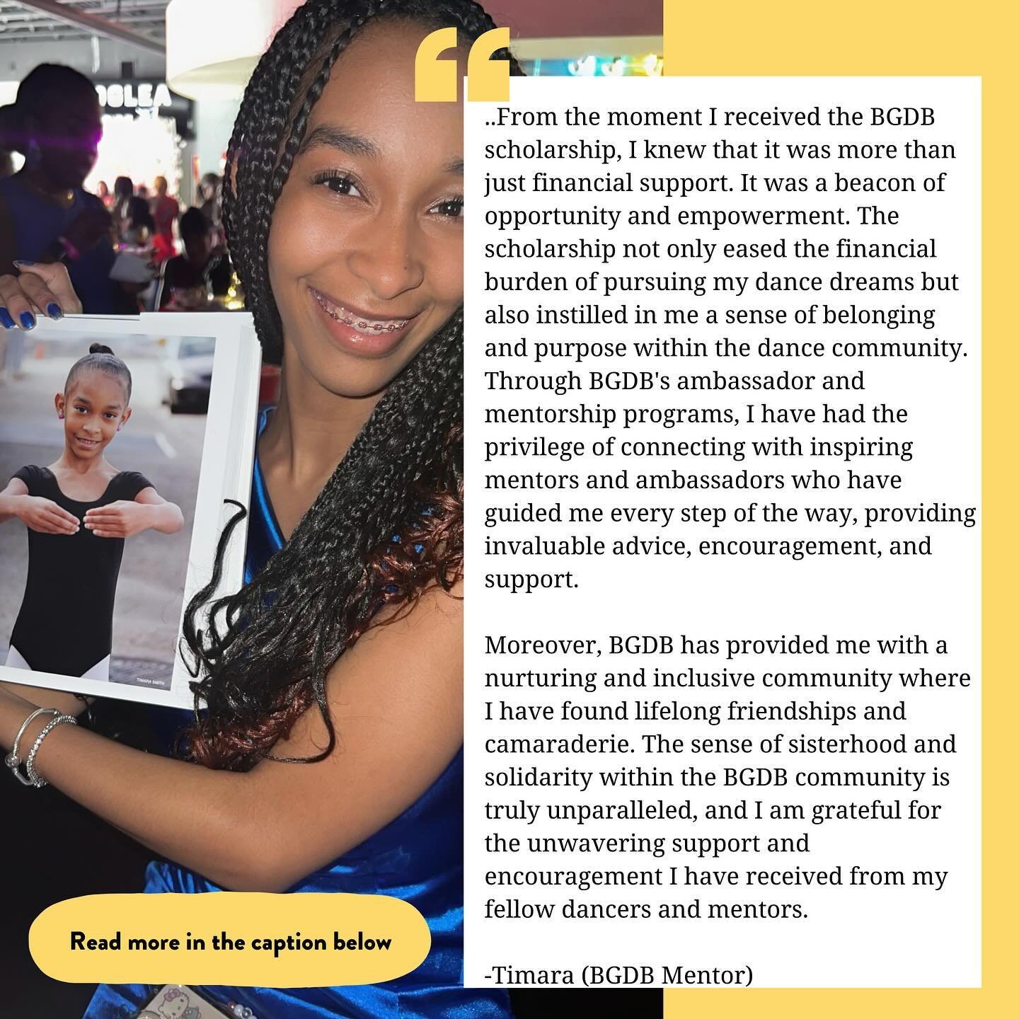 💕As a proud past scholarship awardee and member of the BGDB family, I am honored to share my story and experiences with this incredible organization.&nbsp;BGDB has&nbsp;not only&nbsp;transformed my journey as a dancer&nbsp;but has also&nbsp;enriched