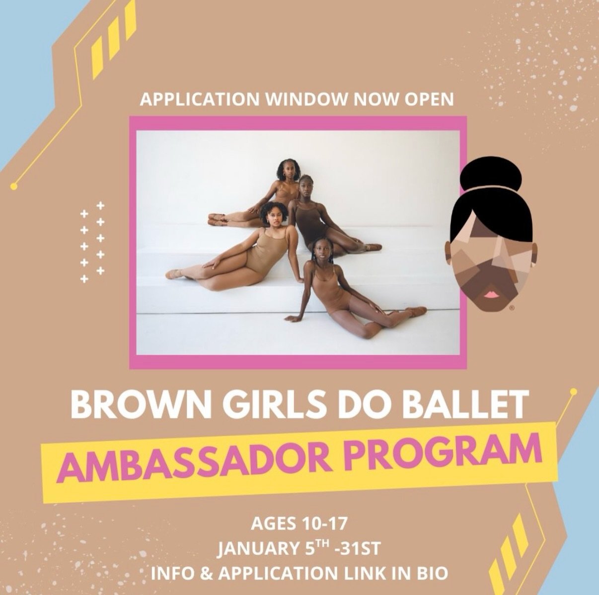 ✨ CLOSING SOON ✨
The Brown Girls Do Ballet Ambassador application is officially OPEN!
From January 5&ndash;31, young dancers from across the country are invited to apply to join a powerful community of other young leaders, artists, and change-makers.