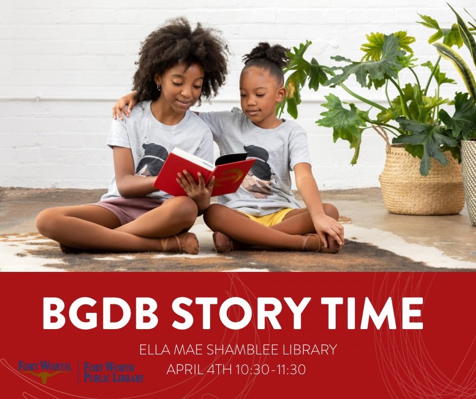 Tomorrow!

We are looking forward to another BGDB Story Time at the Ella Mae Shamblee Library starting at 10:30 tomorrow!

Ages 4-12 are welcome for a ballet story and movement session hosted by us in collaboration with the Fort Worth Public Library 