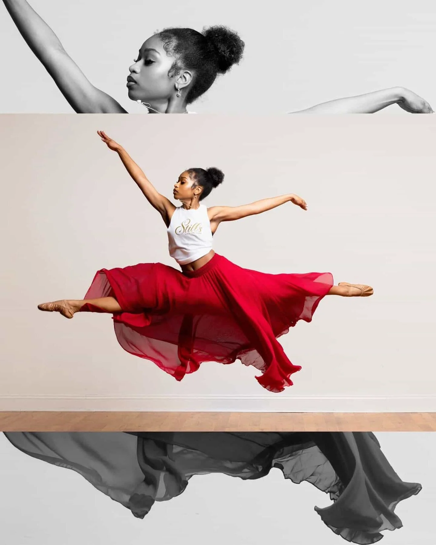 💃🏾

#browngirlsdoballet #brownballerina #dancephotography 

🩰: @still_therealest 
📸: @hamptonstillsphotography 

Image Description: Dancer leaps in a white skirt and a long red skirt against a white background.