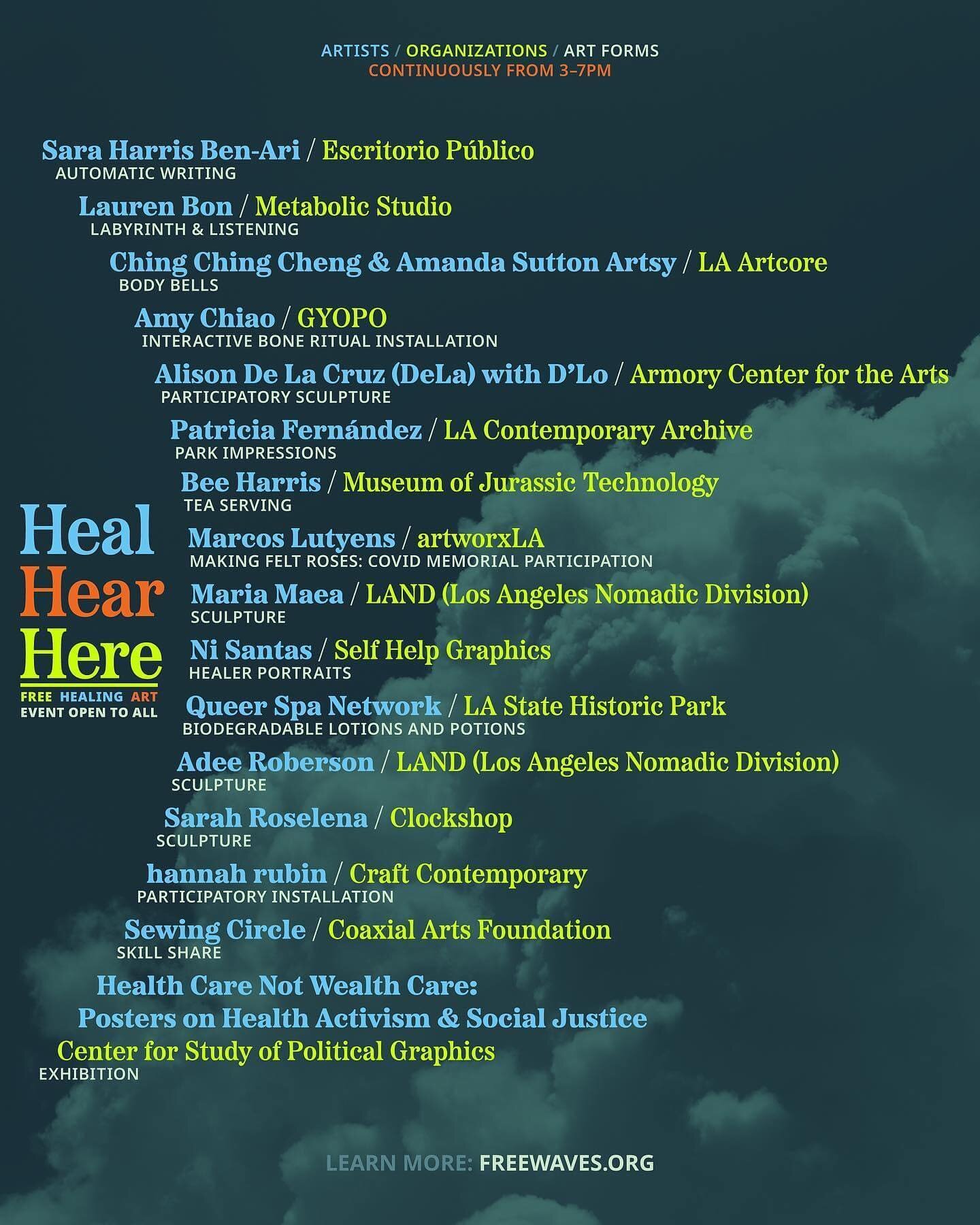 Heal Hear Here - TODAY! 
🌞⛈️🌙

 🌿SCHEDULE 🌿

Join us for &ldquo;Heal Hear Hear&rdquo; this Saturday (5/20) from 3-7 pm at @lastatehistoricpark ☀️

This event is FREE and open to all! Link to RSVP in our bio 🎟️

Featuring artists + collectives: 
