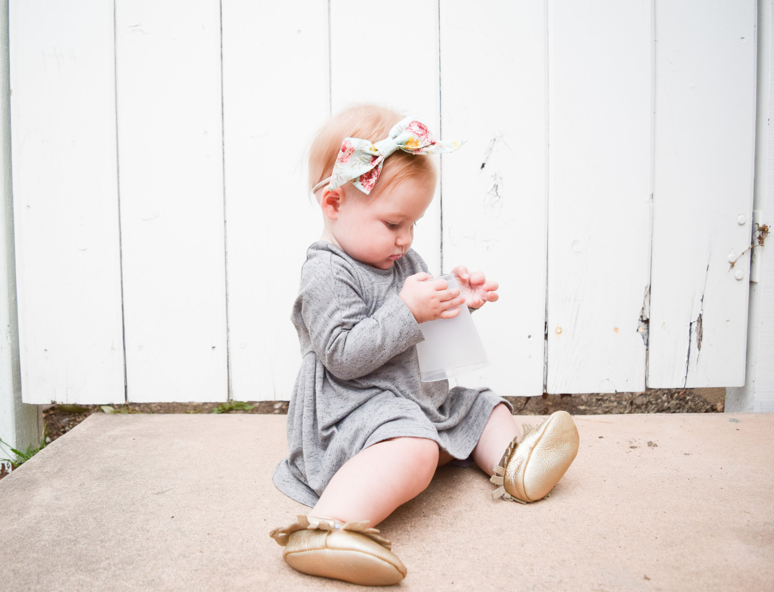 Baby Fashion - Grey Long Sleeved Kids Dress, Gold Moccasins, Seafoam Floral Print Baby Bow