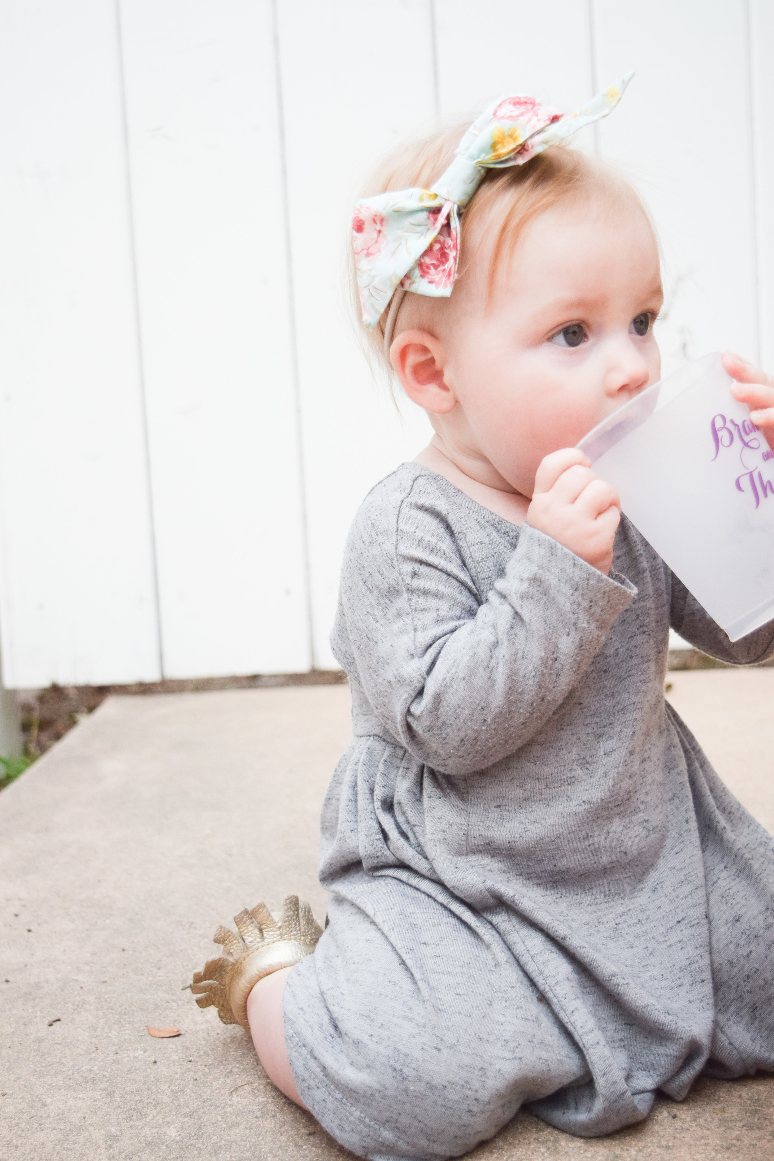 Baby Fashion - Grey Long Sleeved Kids Dress, Gold Moccasins, Seafoam Floral Print Baby Bow