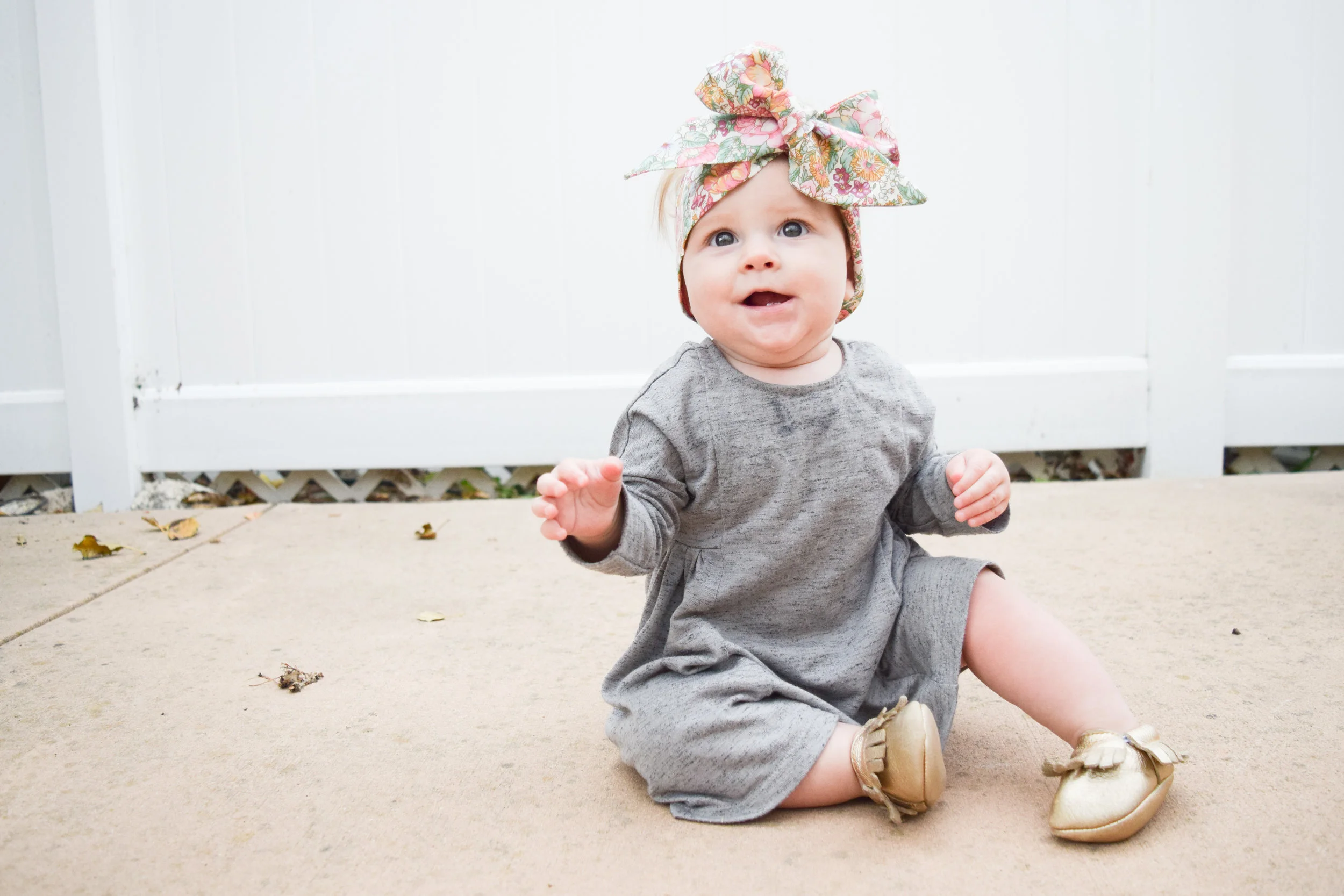 Baby Fashion - Grey Long Sleeved Kids Dress, Gold Moccasins, Floral Print Head Wrap