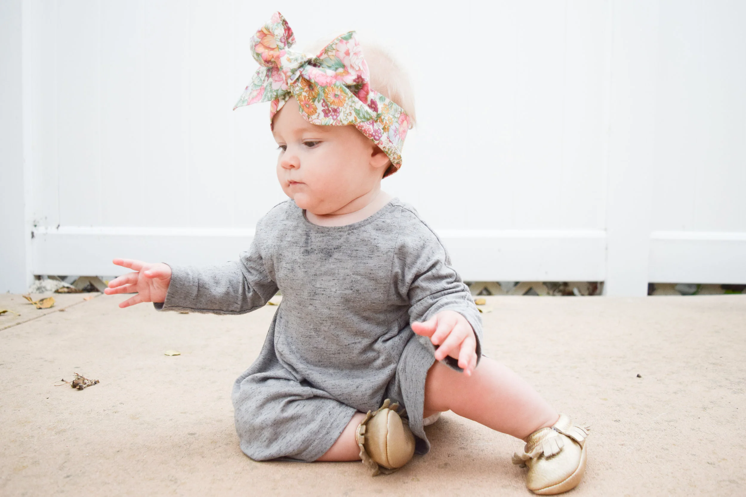 Baby Fashion - Grey Long Sleeved Kids Dress, Gold Moccasins, Floral Print Head Wrap