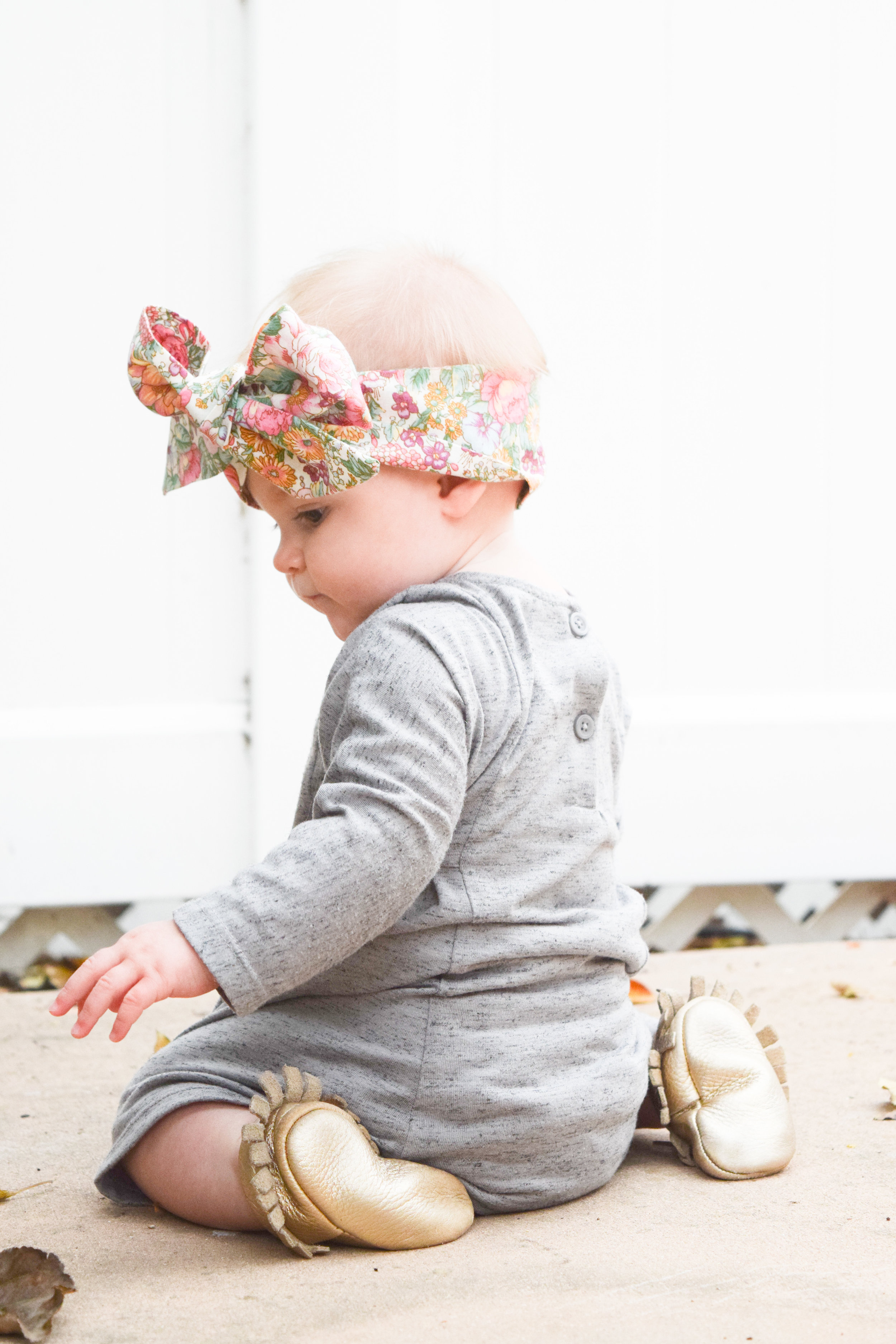 Baby Fashion - Grey Long Sleeved Kids Dress, Gold Moccasins, Floral Print Head Wrap