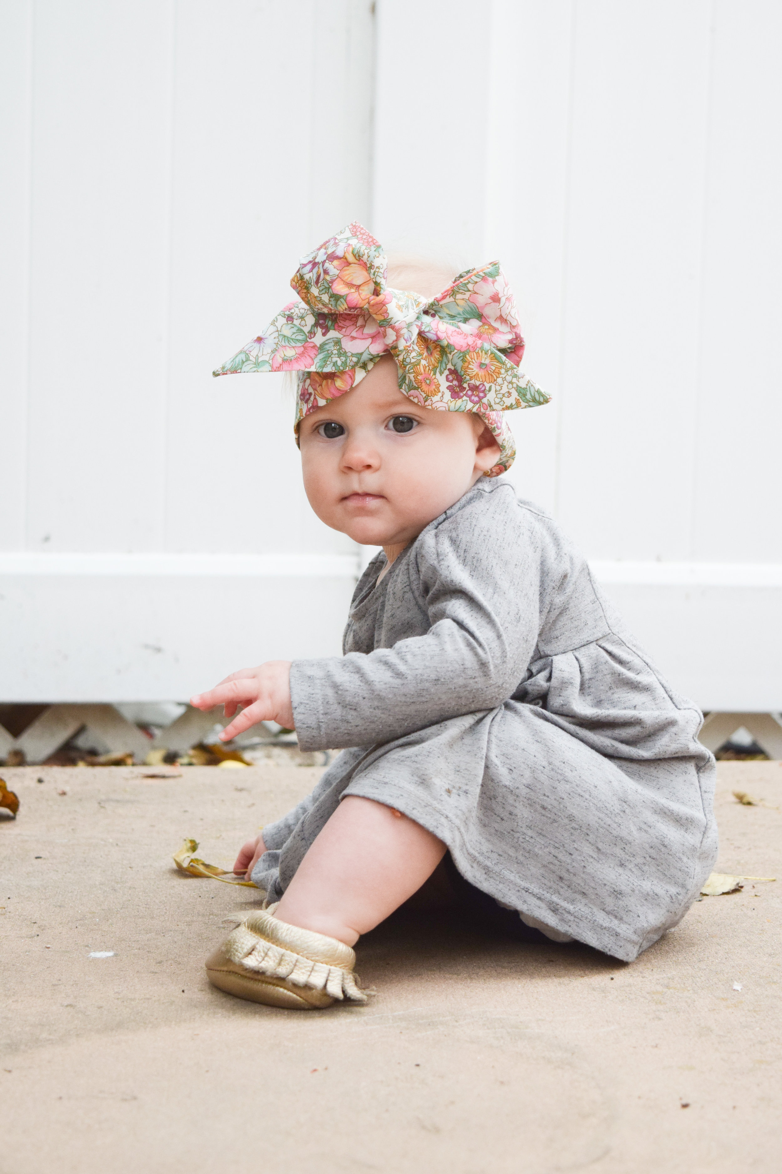 Baby Fashion - Grey Long Sleeved Kids Dress, Gold Moccasins, Floral Print Head Wrap