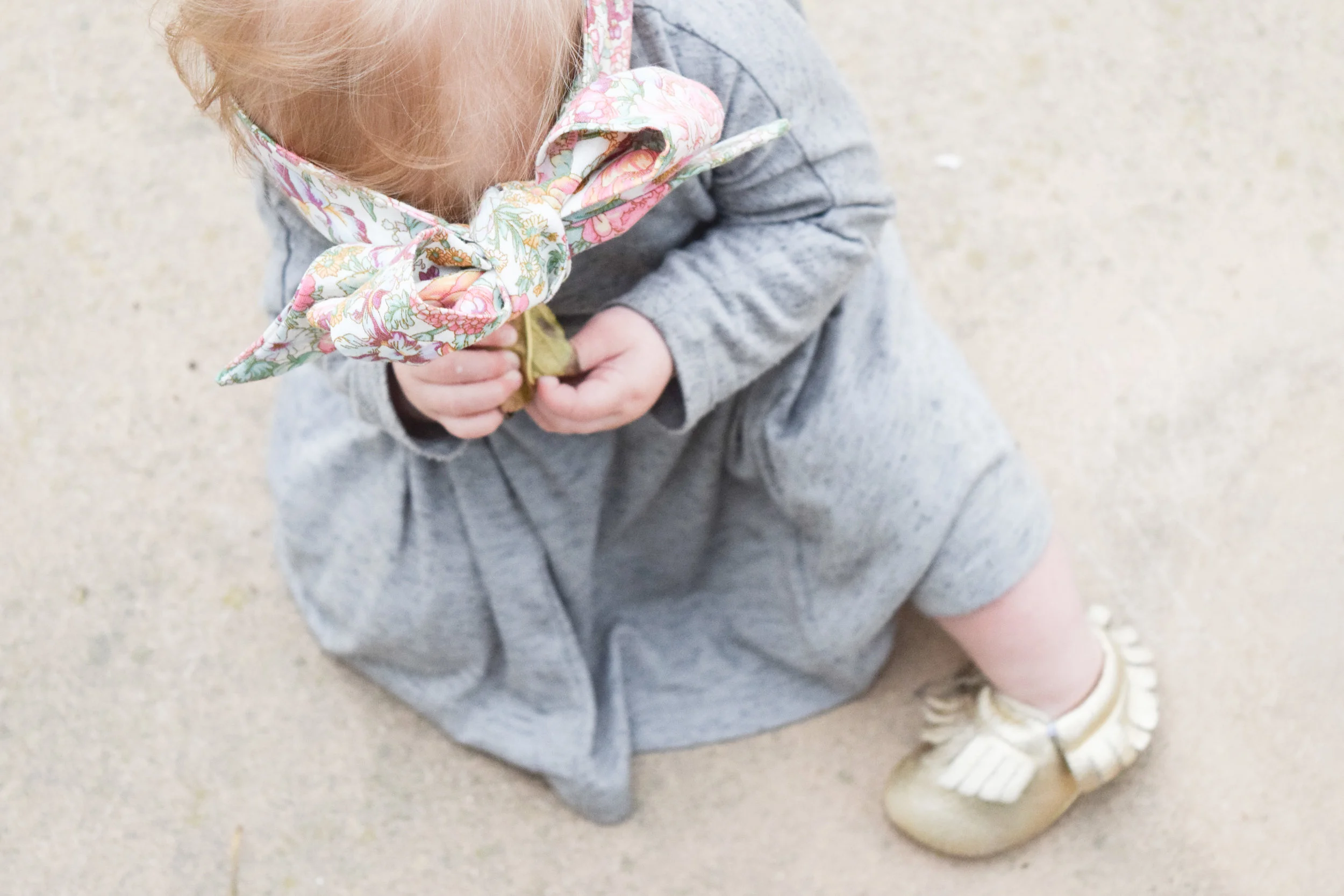 Baby Fashion - Grey Long Sleeved Kids Dress, Gold Moccasins, Floral Print Head Wrap