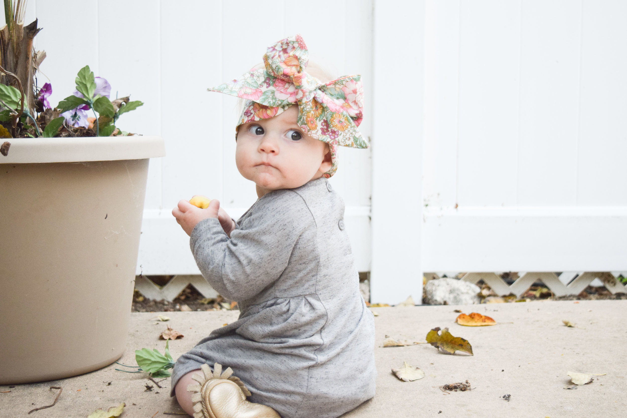 Baby Fashion - Grey Long Sleeved Kids Dress, Gold Moccasins, Floral Print Head Wrap