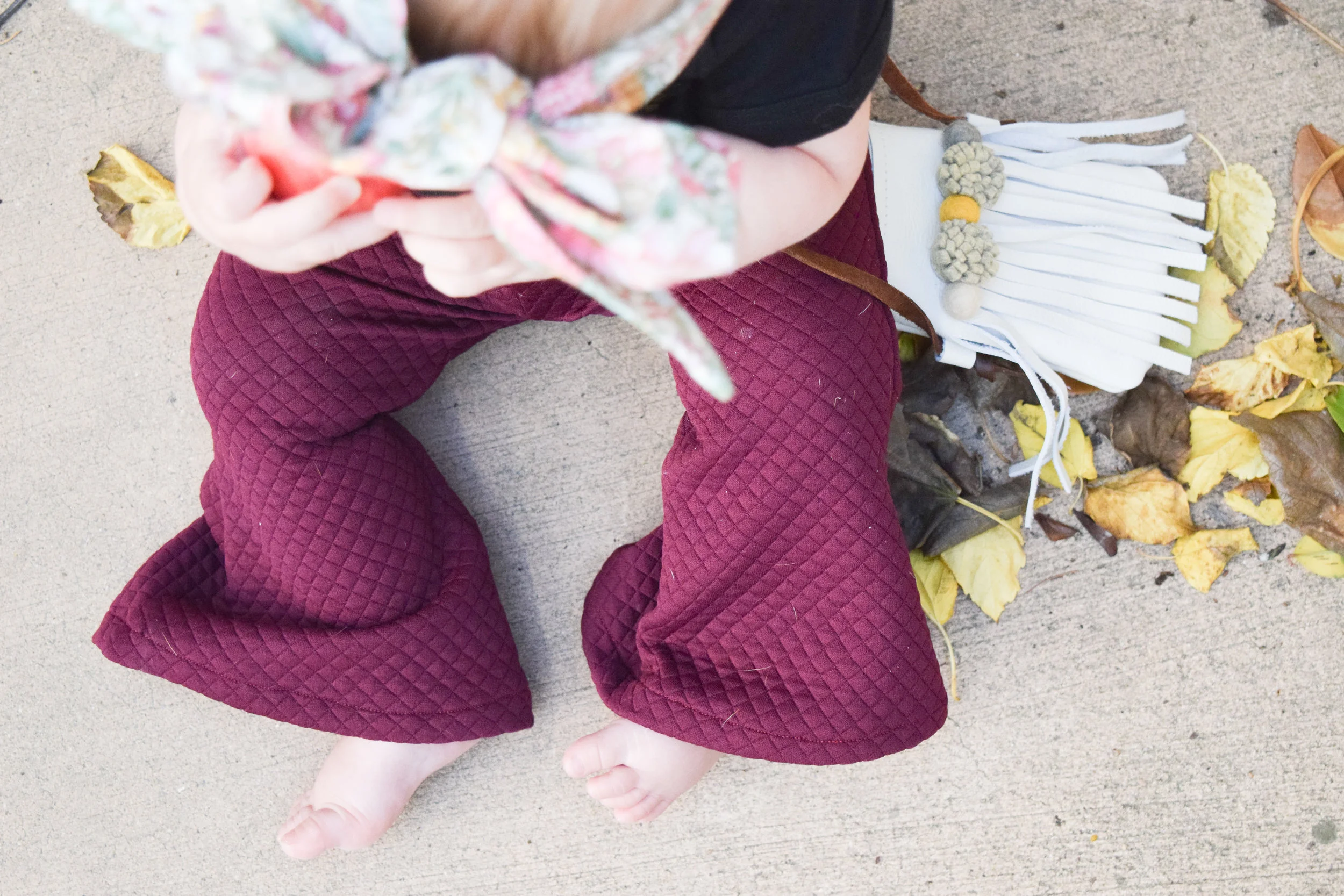 Maroon Baby Bell Bottoms, Black Printed Onesie, Boho Baby Purse