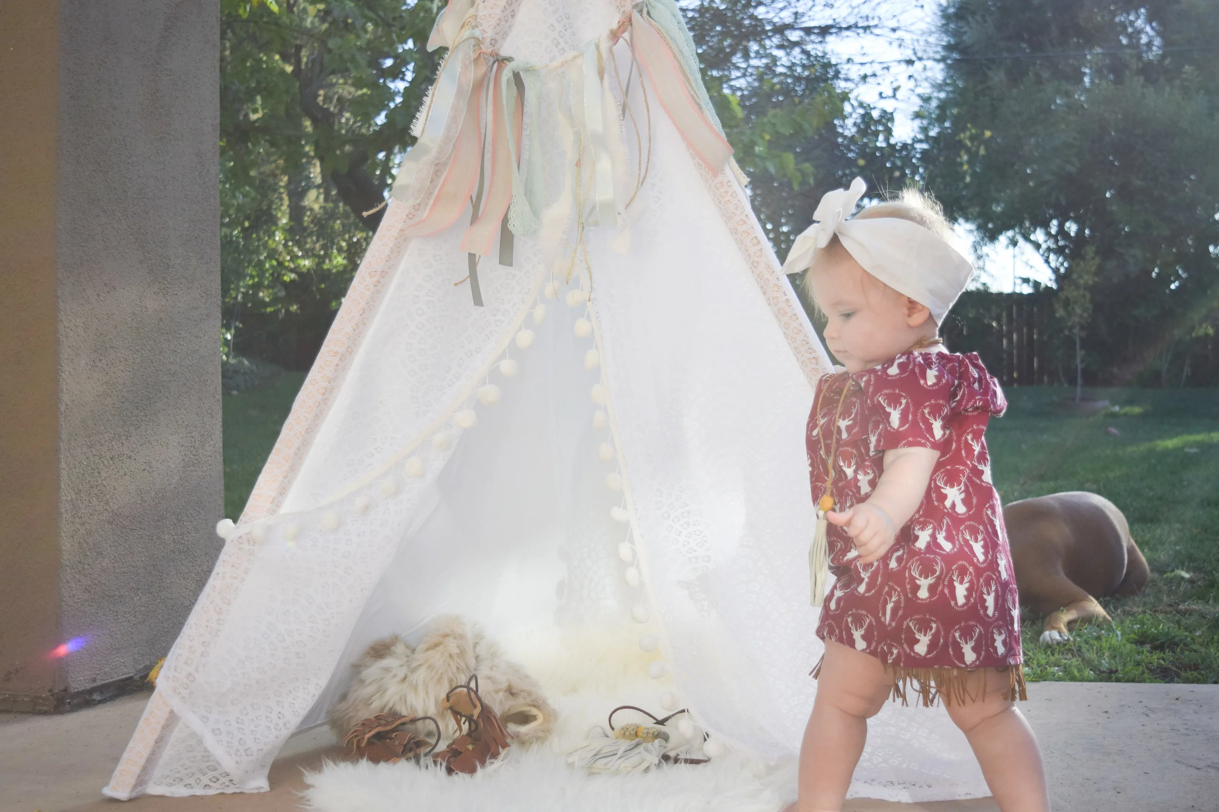 BABY FASHION | Maroon Holiday Reindeer Kids Fringe Dress + Kids Teepee