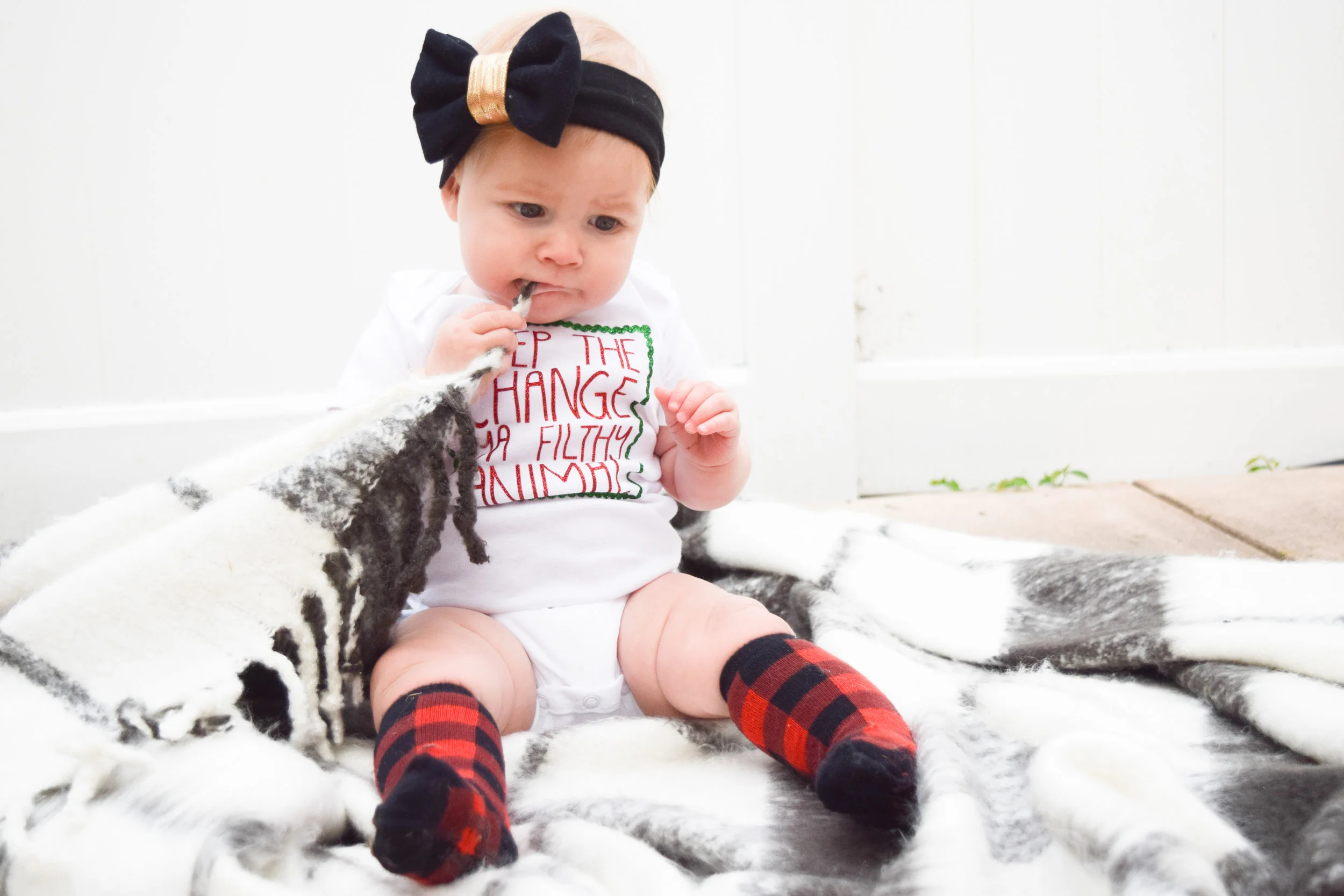 KIDS FASHION | Baby Holiday Onesie -- "Keep the change ya filthy animal" - red plaid holiday socks