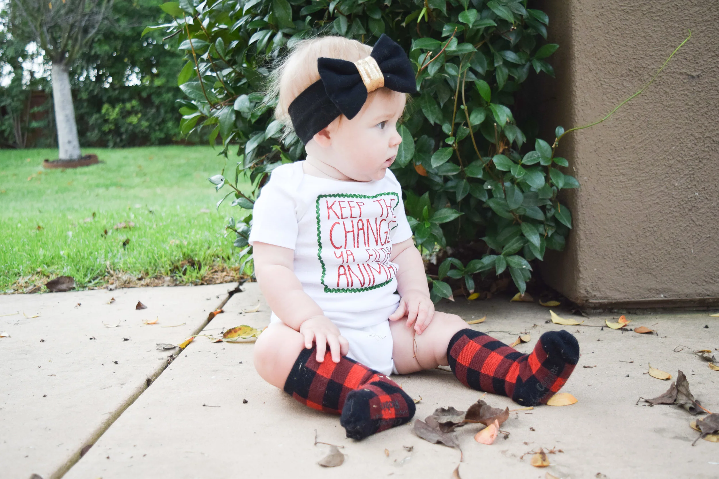 KIDS FASHION | Baby Holiday Onesie -- "Keep the change ya filthy animal" - red plaid holiday socks