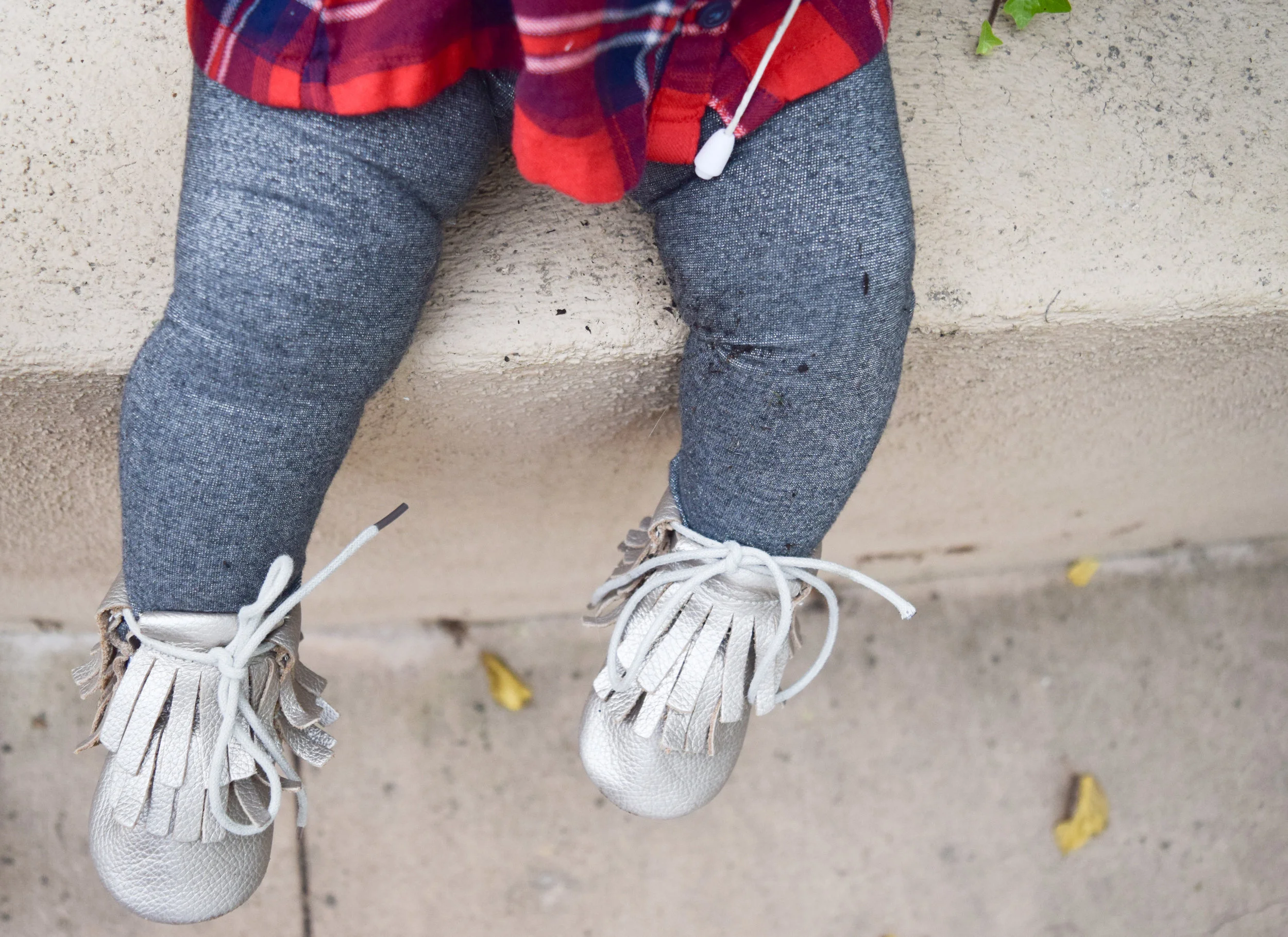 BABY FASHION | Red Baby Flannel, Silver Baby Leggings, Fall Purple Baby Bow, Champagne Baby Moccasin Boots