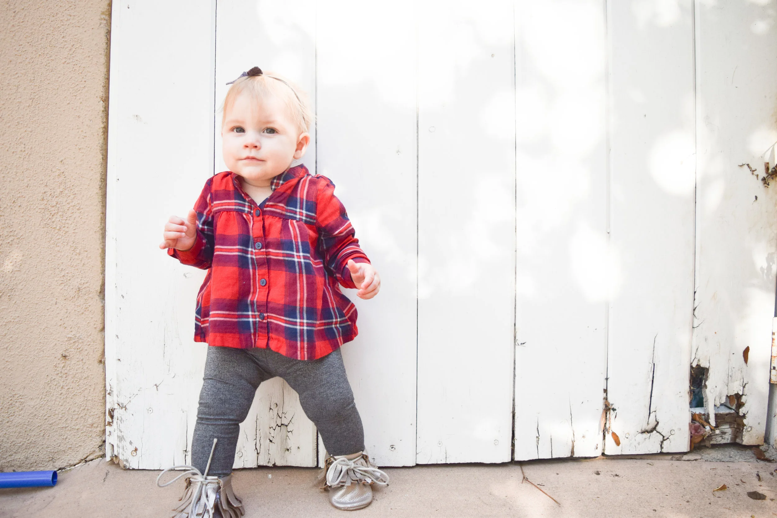 BABY FASHION | Red Baby Flannel, Silver Baby Leggings, Fall Purple Baby Bow, Champagne Baby Moccasin Boots