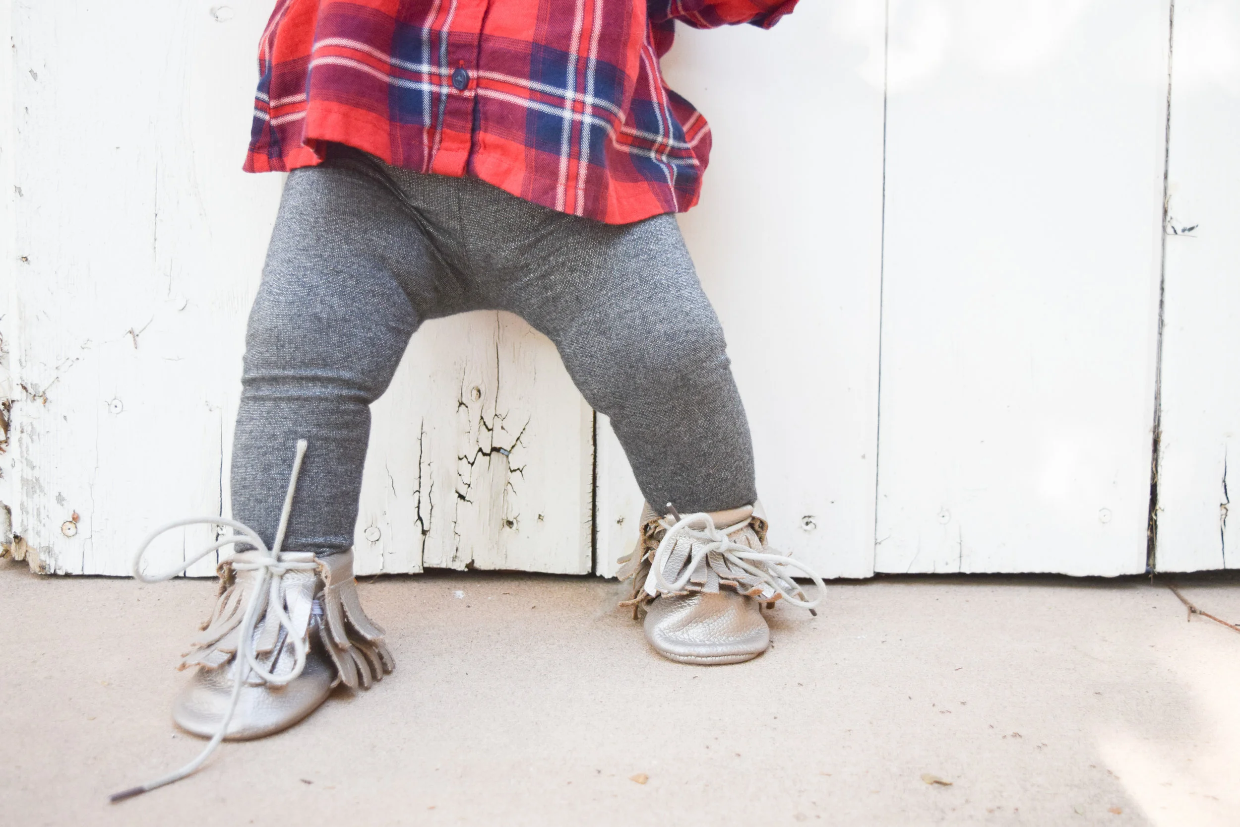 BABY FASHION | Red Baby Flannel, Silver Baby Leggings, Fall Purple Baby Bow, Champagne Baby Moccasin Boots