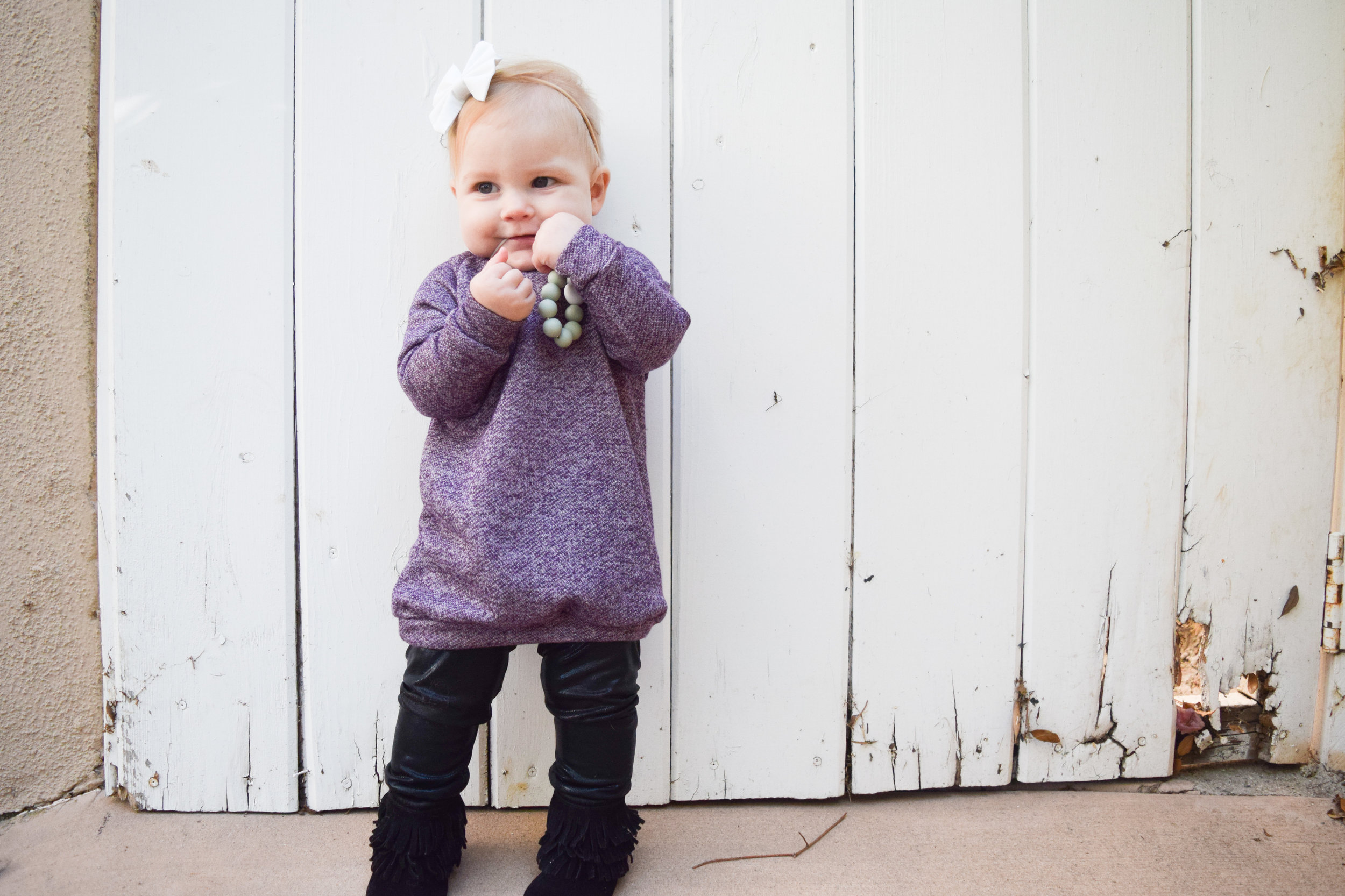 Purple Baby Sweater Dress, Black Baby Leggins, Baby Teething Necklace, Black Baby Fringe Boots