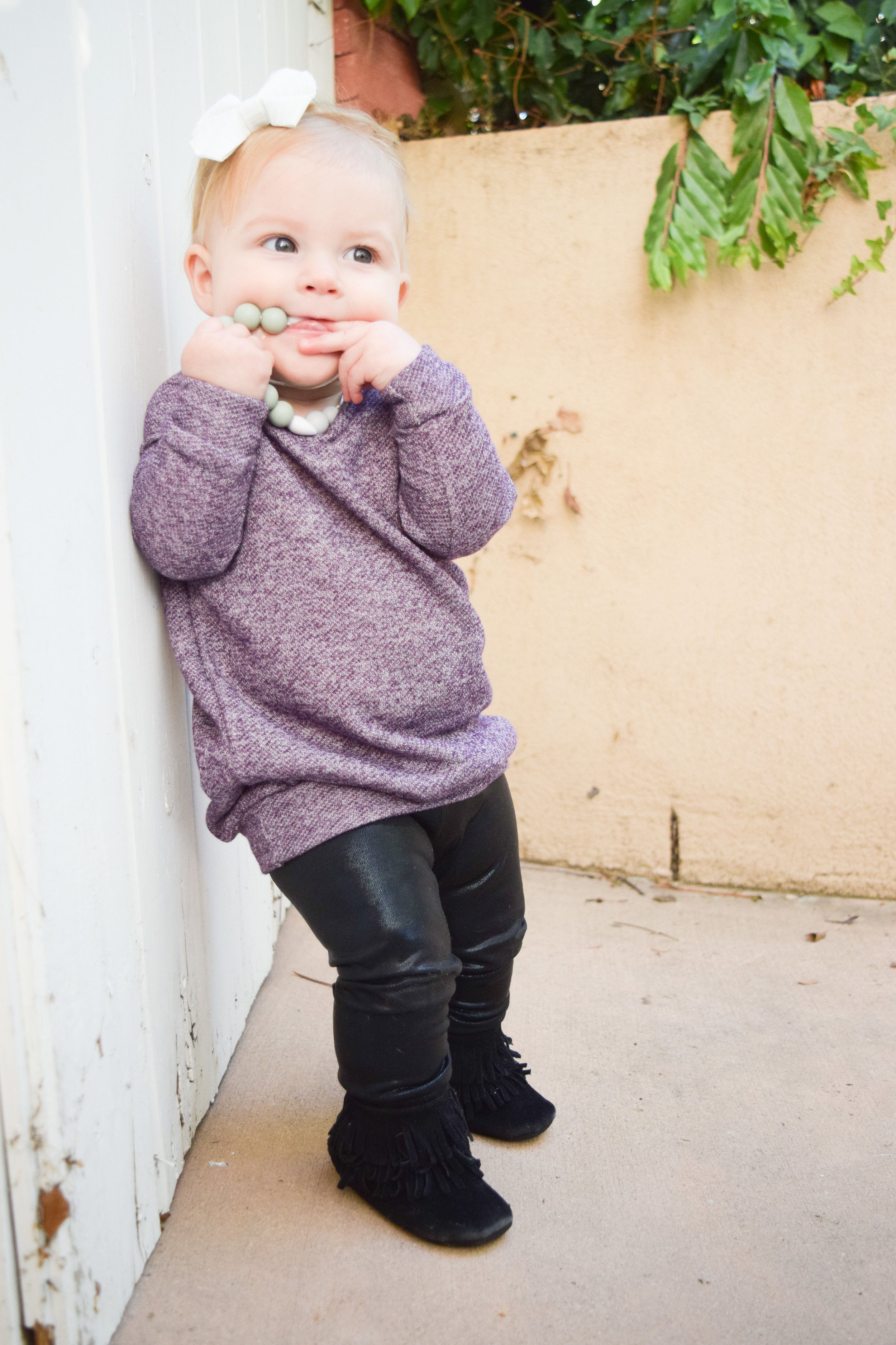 Purple Baby Sweater Dress, Black Baby Leggins, Baby Teething Necklace, Black Baby Fringe Boots