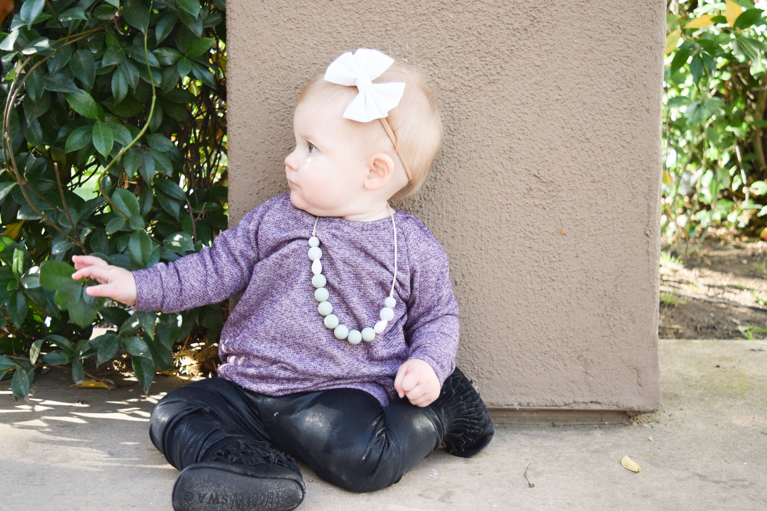 Purple Baby Sweater Dress, Black Baby Leggins, Baby Teething Necklace, Black Baby Fringe Boots
