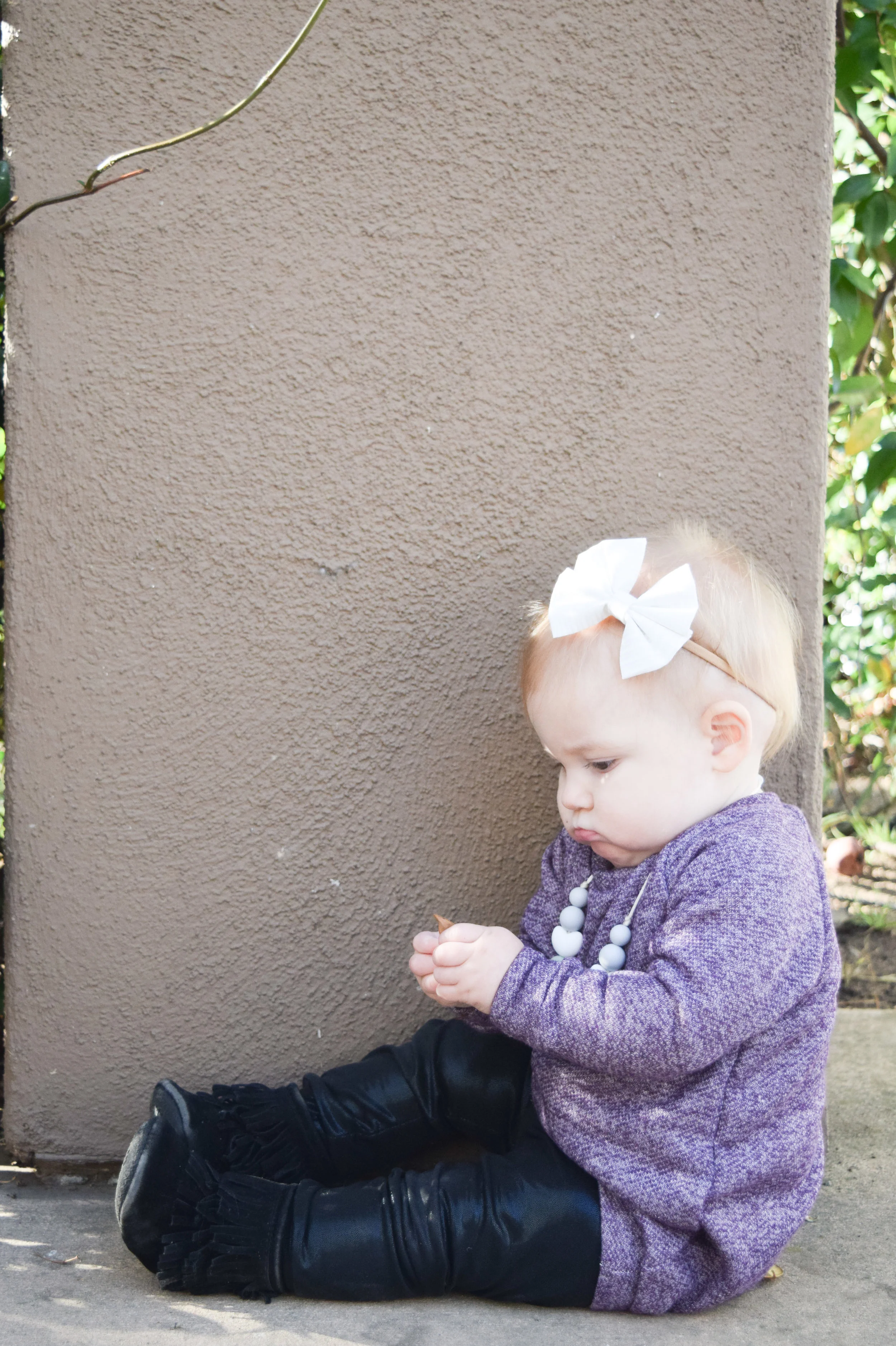 Purple Baby Sweater Dress, Black Baby Leggins, Baby Teething Necklace, Black Baby Fringe Boots