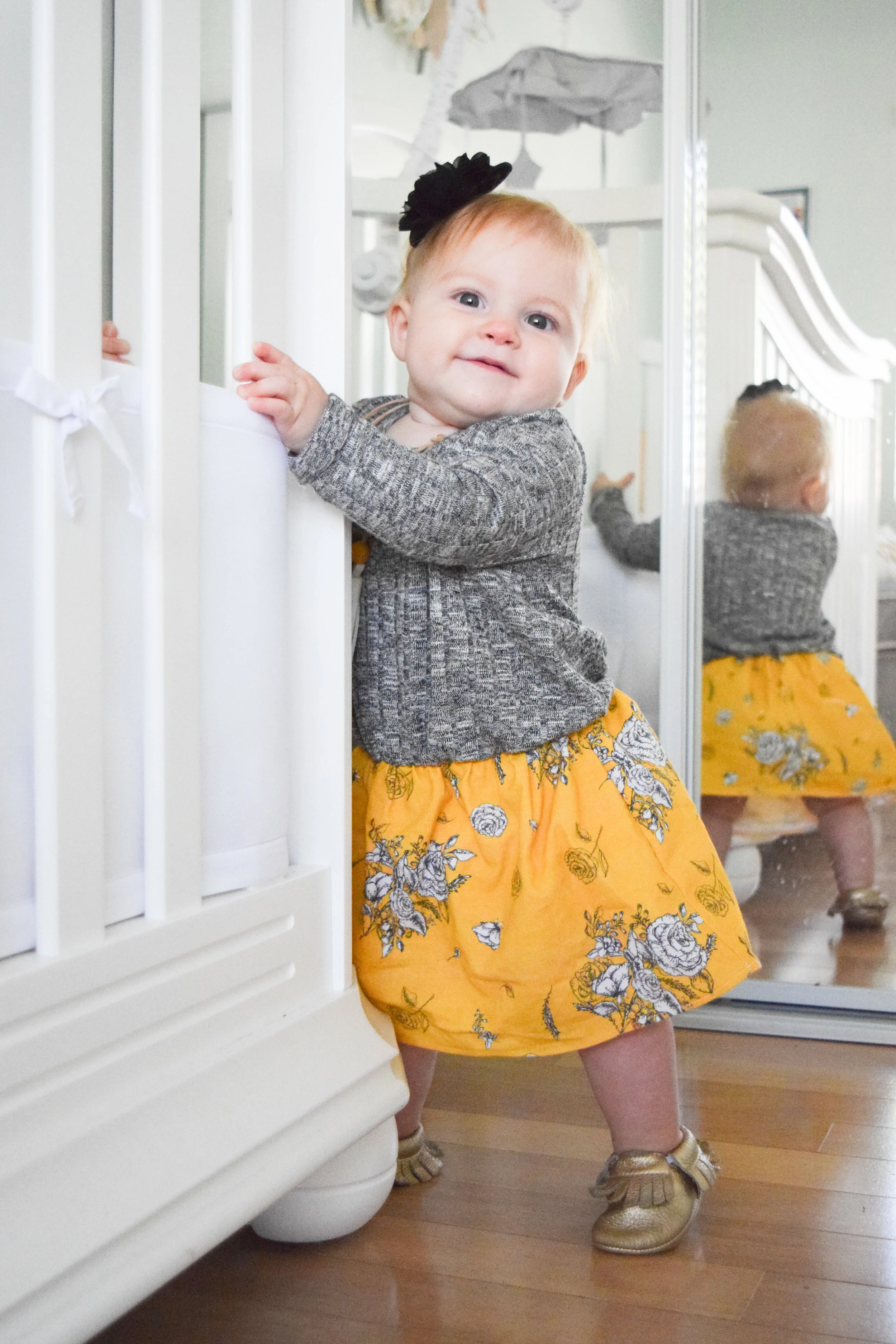 BABY FASHION | Mustard Vintage Floral + Heather Grey Baby Sweater Dress