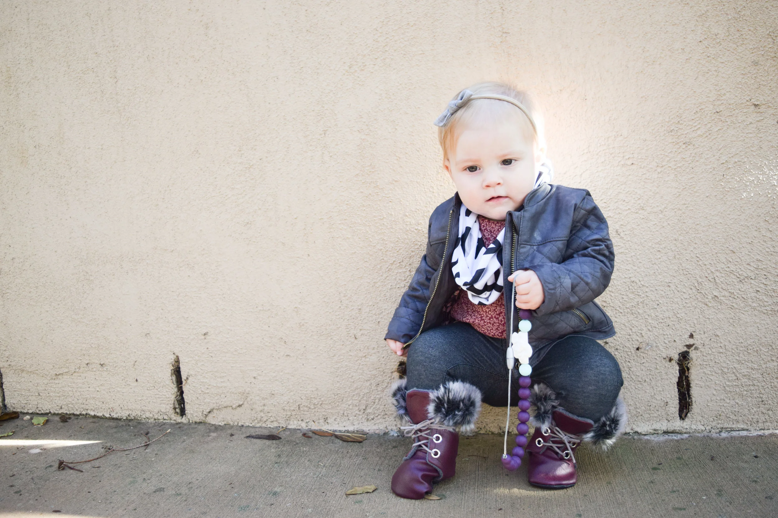 BABY FASHION | A baby leather jacket, baby infinity scarf and baby fur combat boots