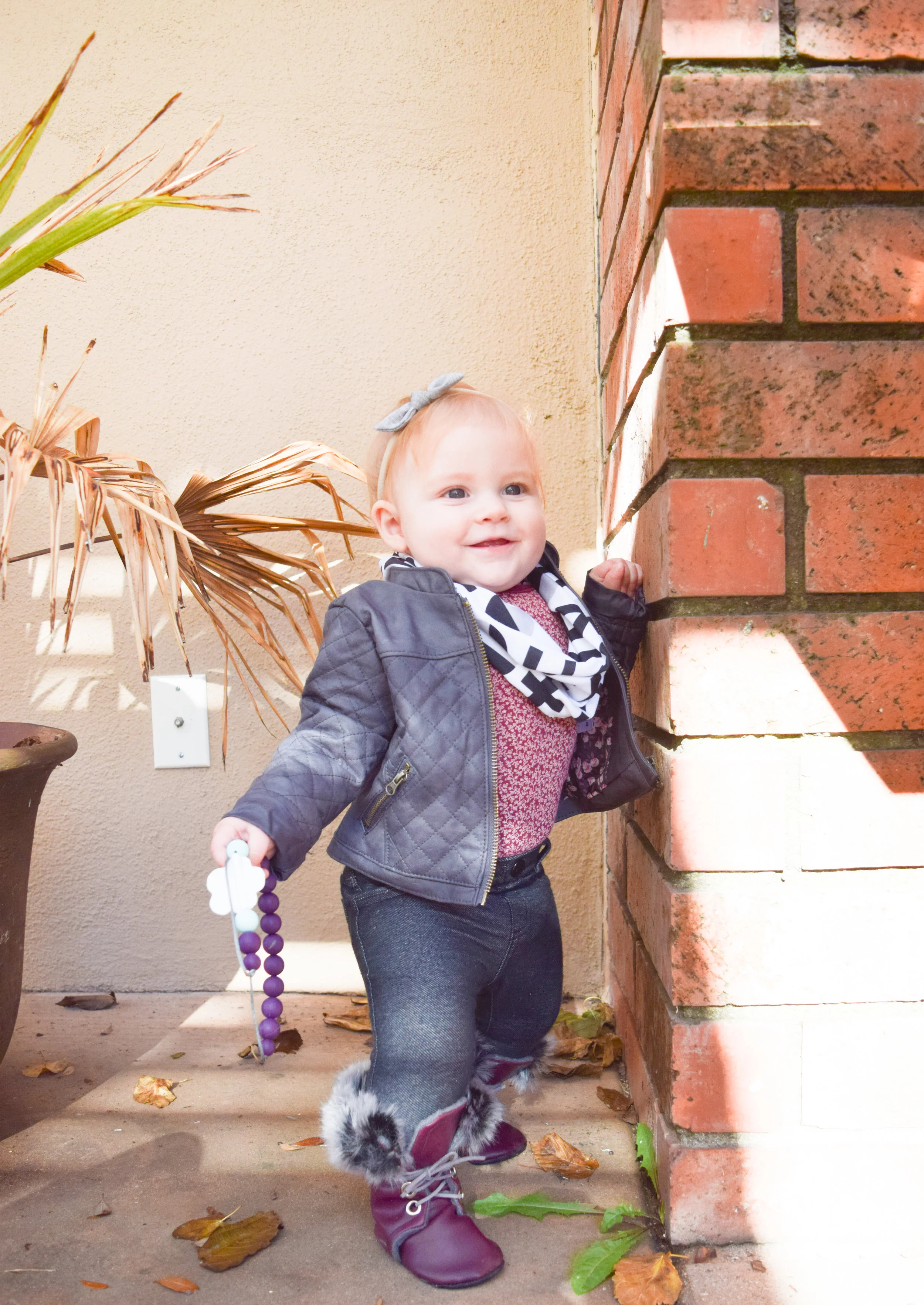 BABY FASHION | A baby leather jacket, baby infinity scarf and baby fur combat boots