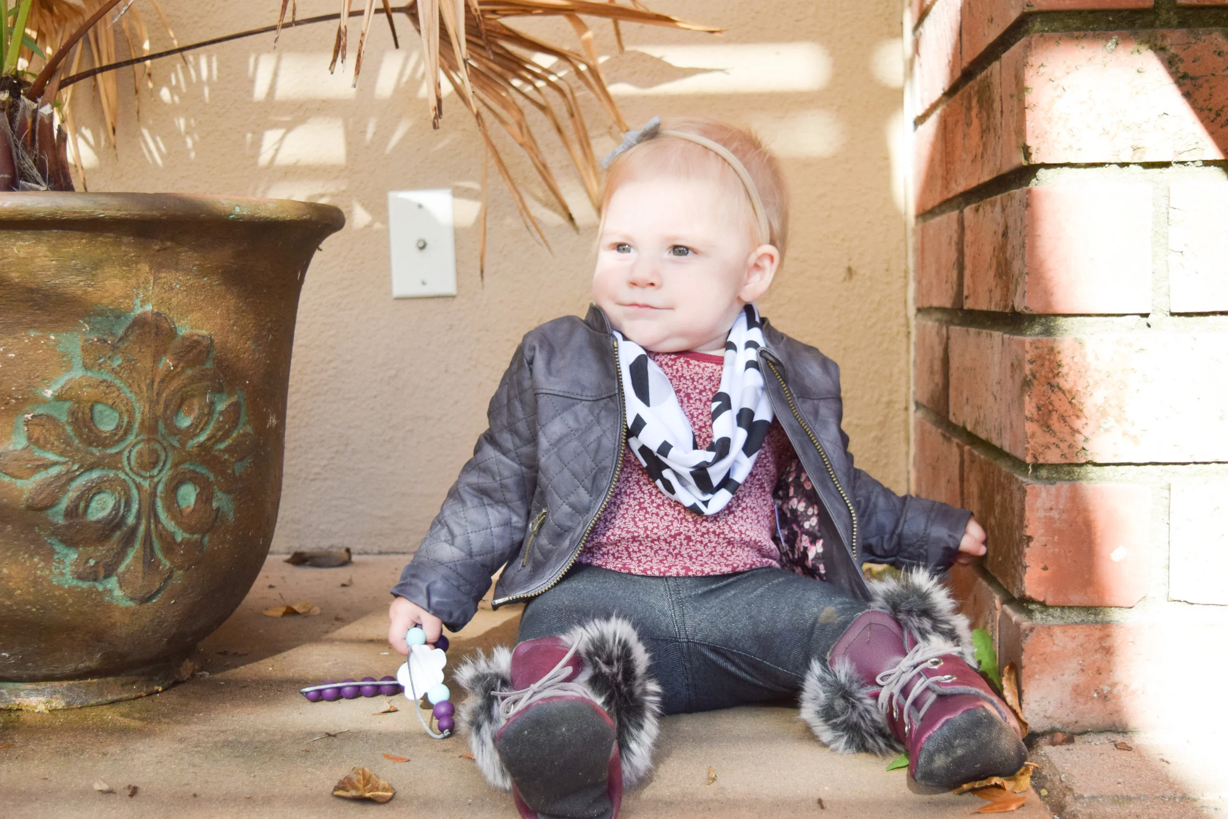 BABY FASHION | A baby leather jacket, baby infinity scarf and baby fur combat boots