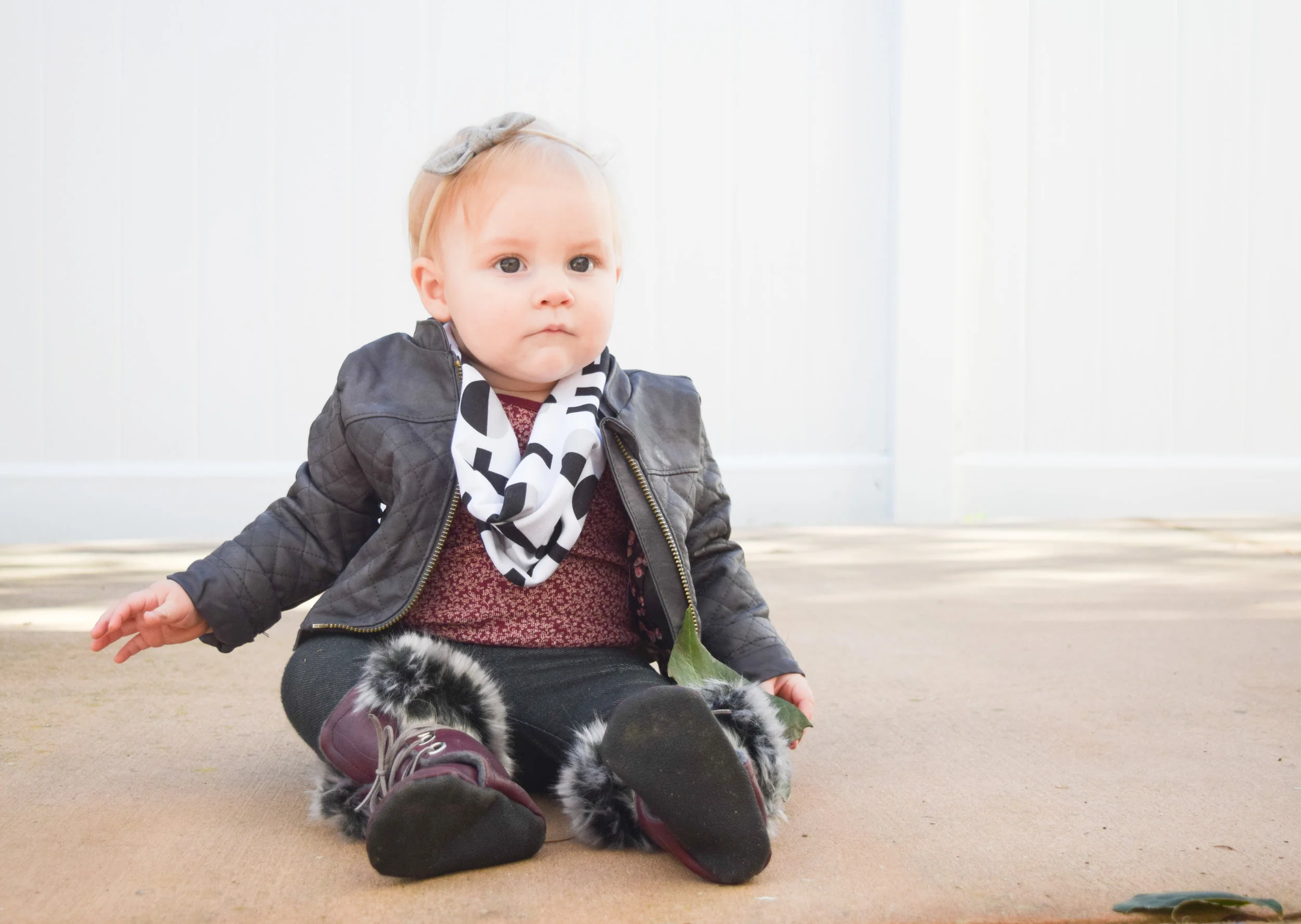 BABY FASHION | A baby leather jacket, baby infinity scarf and baby fur combat boots