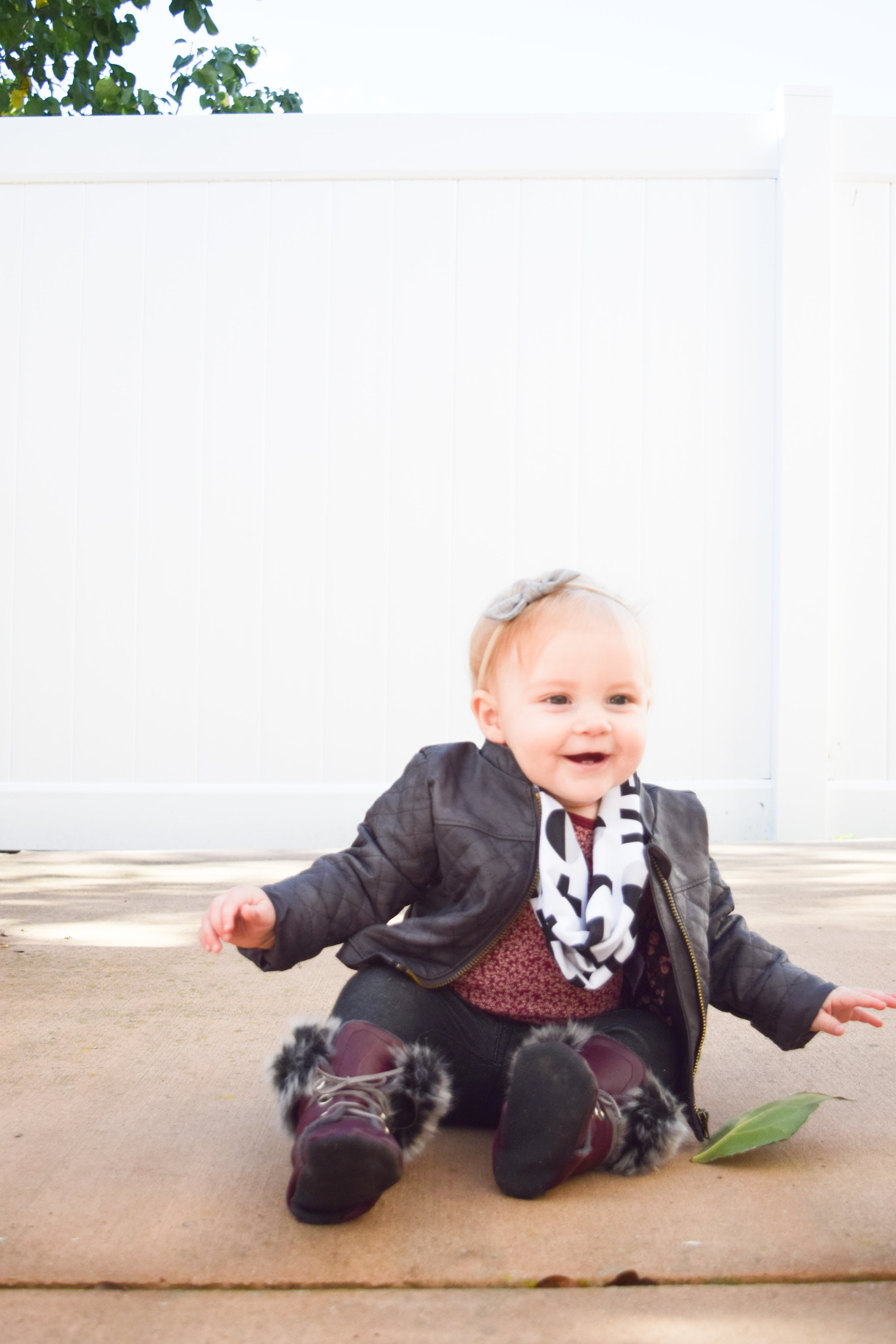 BABY FASHION | A baby leather jacket, baby infinity scarf and baby fur combat boots