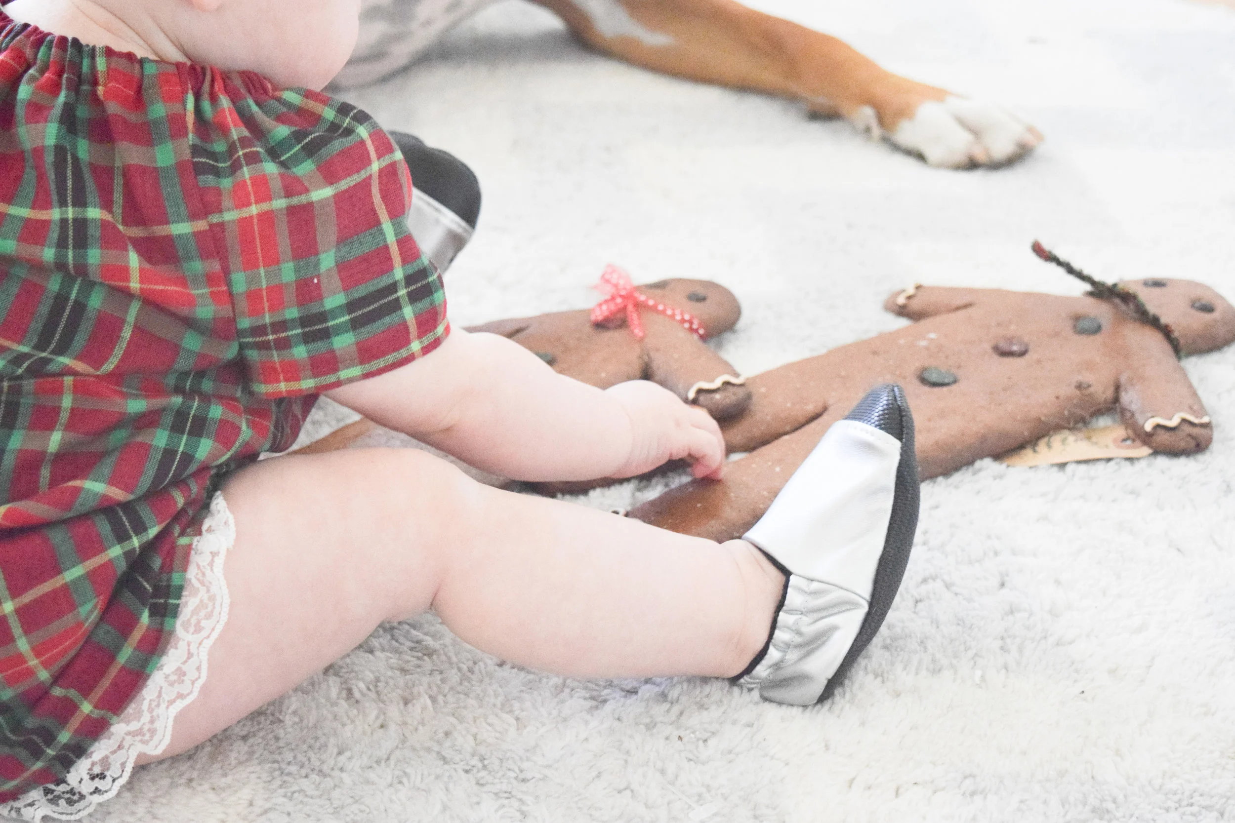 BABY FASHION | A Baby Christmas Dress - Plaid Baby Dress - Silver Baby Shoes - Dainty Baby Bow