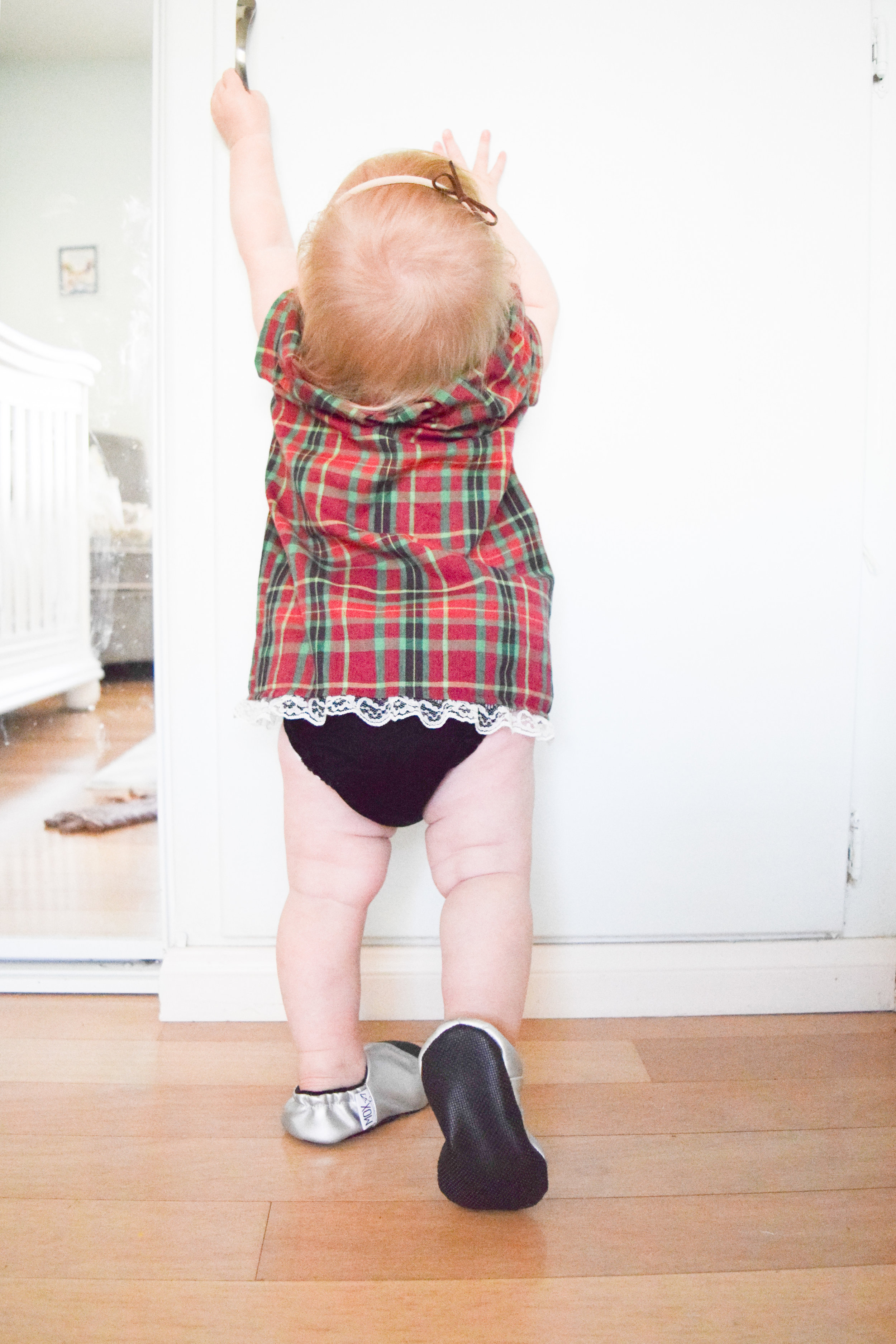 BABY FASHION | A Baby Christmas Dress - Plaid Baby Dress - Silver Baby Shoes - Dainty Baby Bow