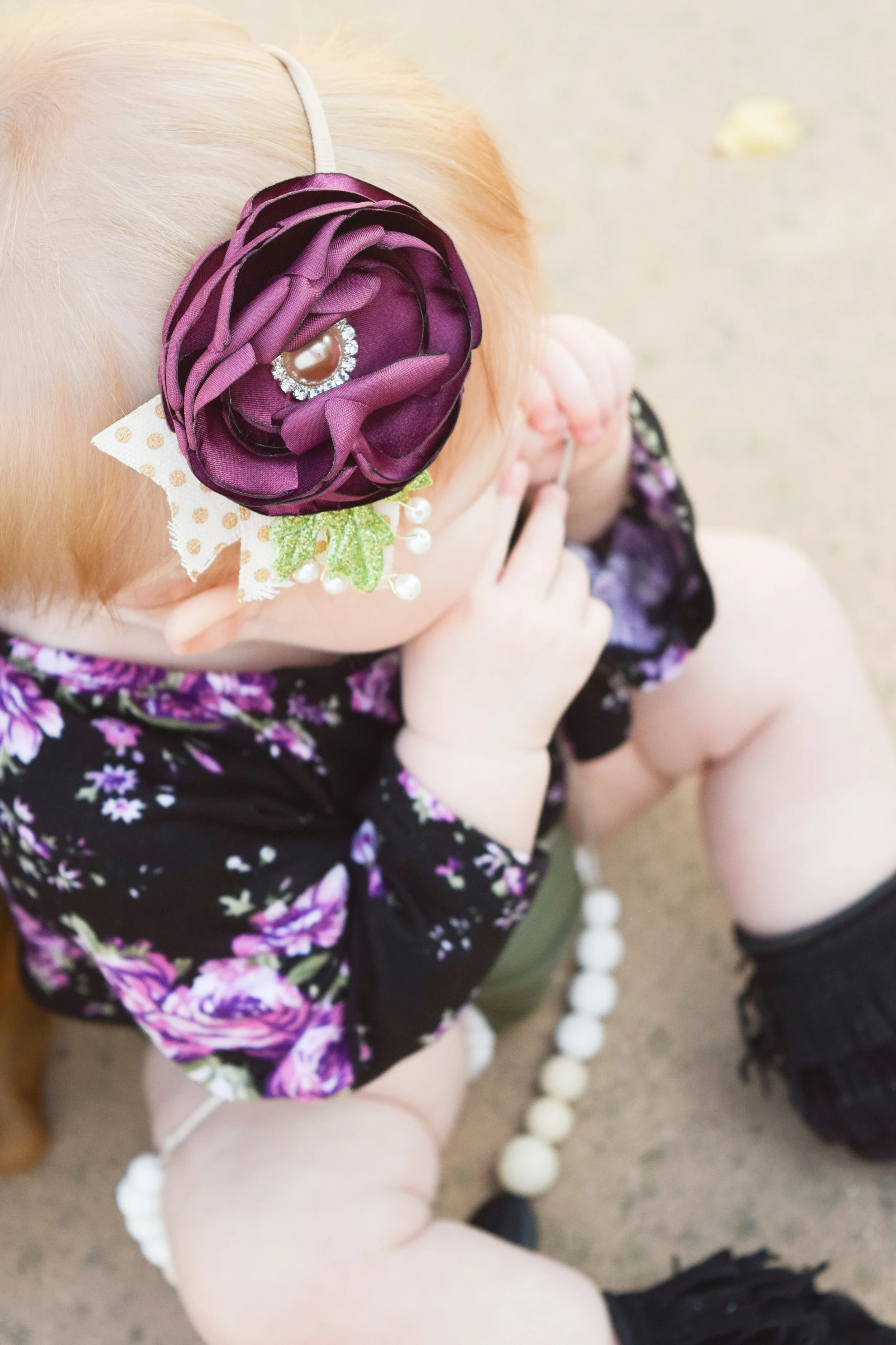 BABY FASHION - purple floral crop top, olive baby bloomers, purple floral baby headband, black baby fringe boots
