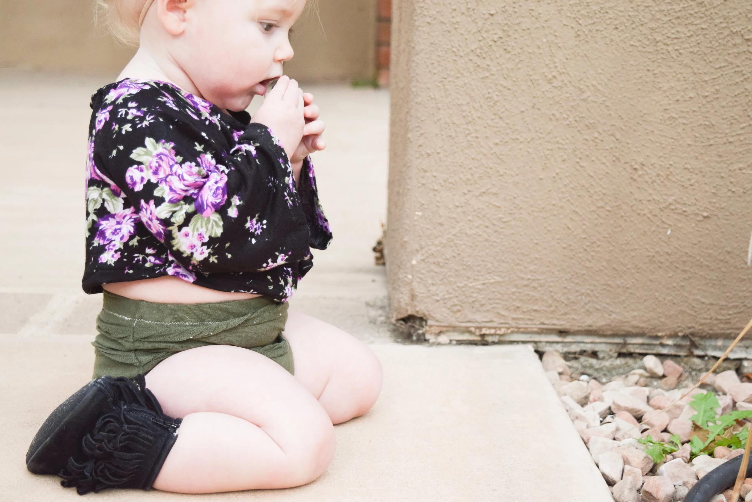 BABY FASHION - purple floral crop top, olive baby bloomers, purple floral baby headband, black baby fringe boots