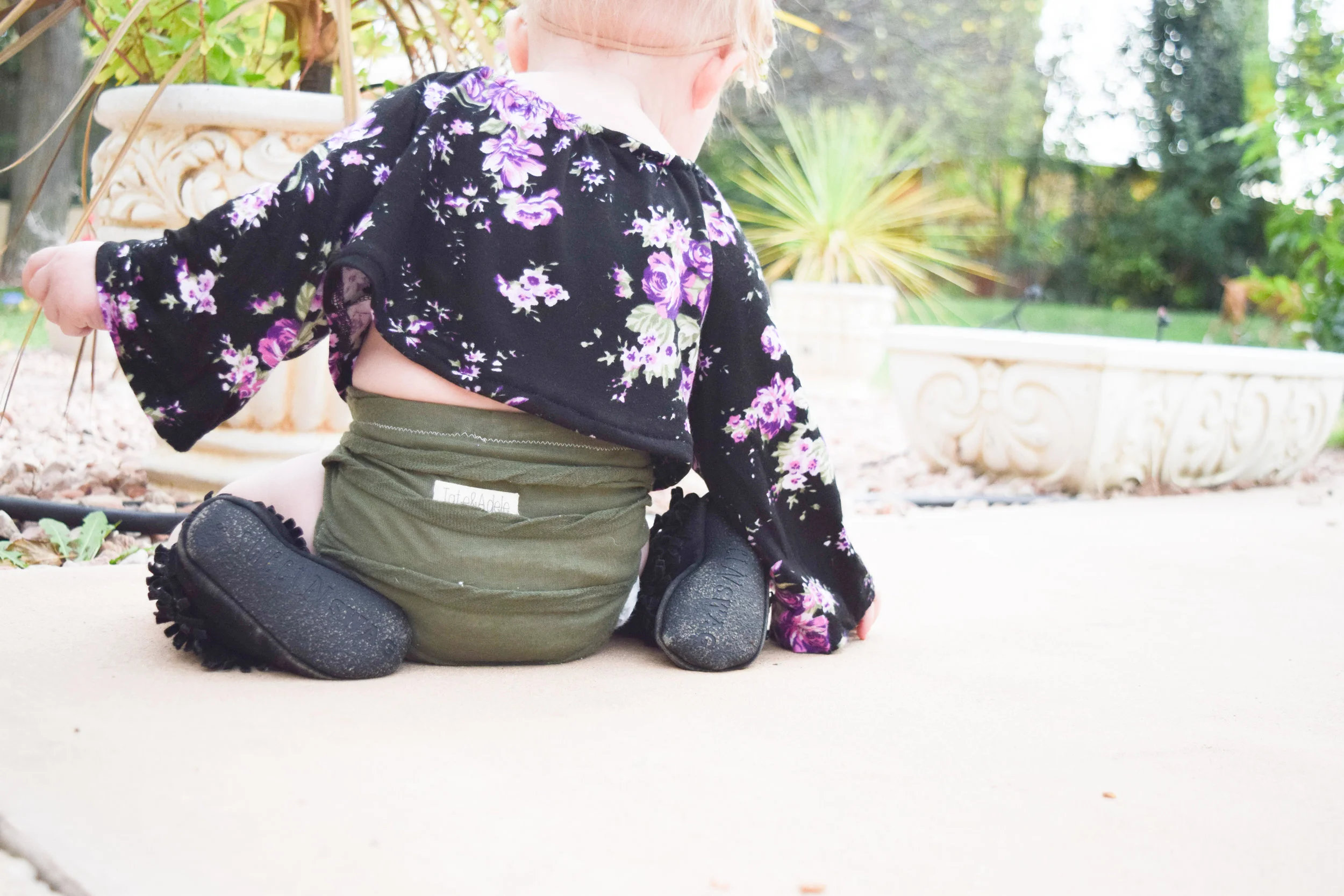 BABY FASHION - purple floral crop top, olive baby bloomers, purple floral baby headband, black baby fringe boots