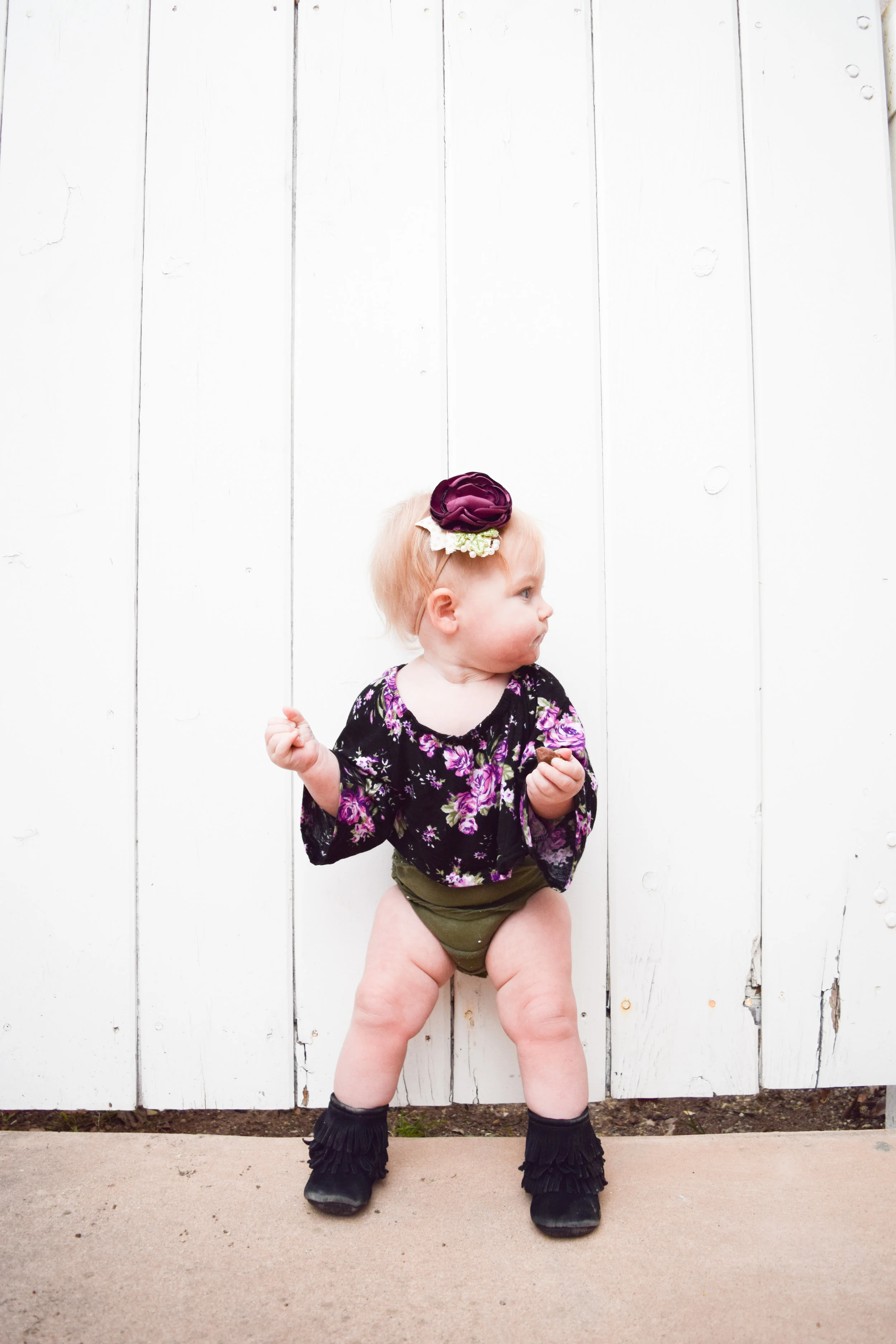 BABY FASHION - purple floral crop top, olive baby bloomers, purple floral baby headband, black baby fringe boots