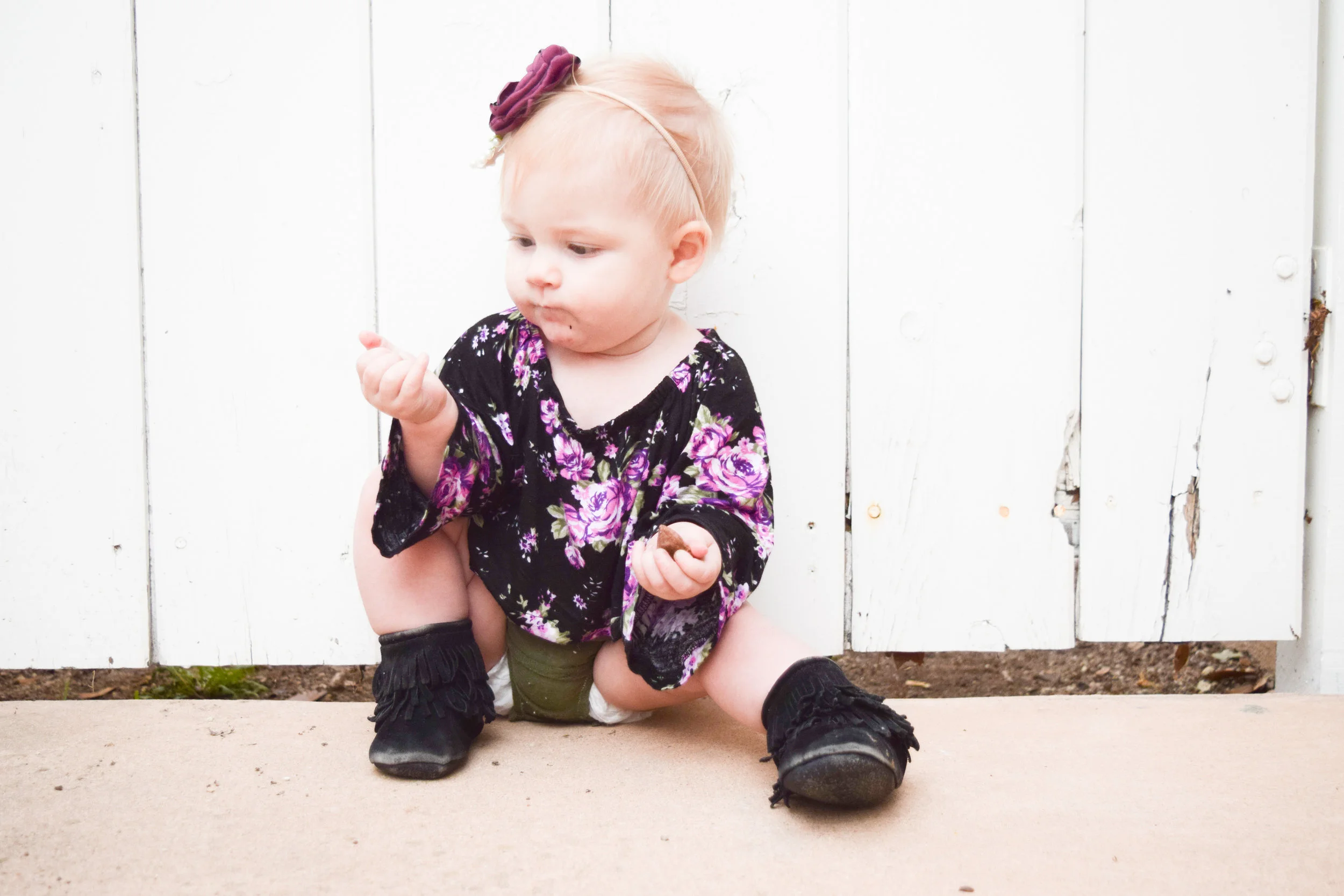 BABY FASHION - purple floral crop top, olive baby bloomers, purple floral baby headband, black baby fringe boots
