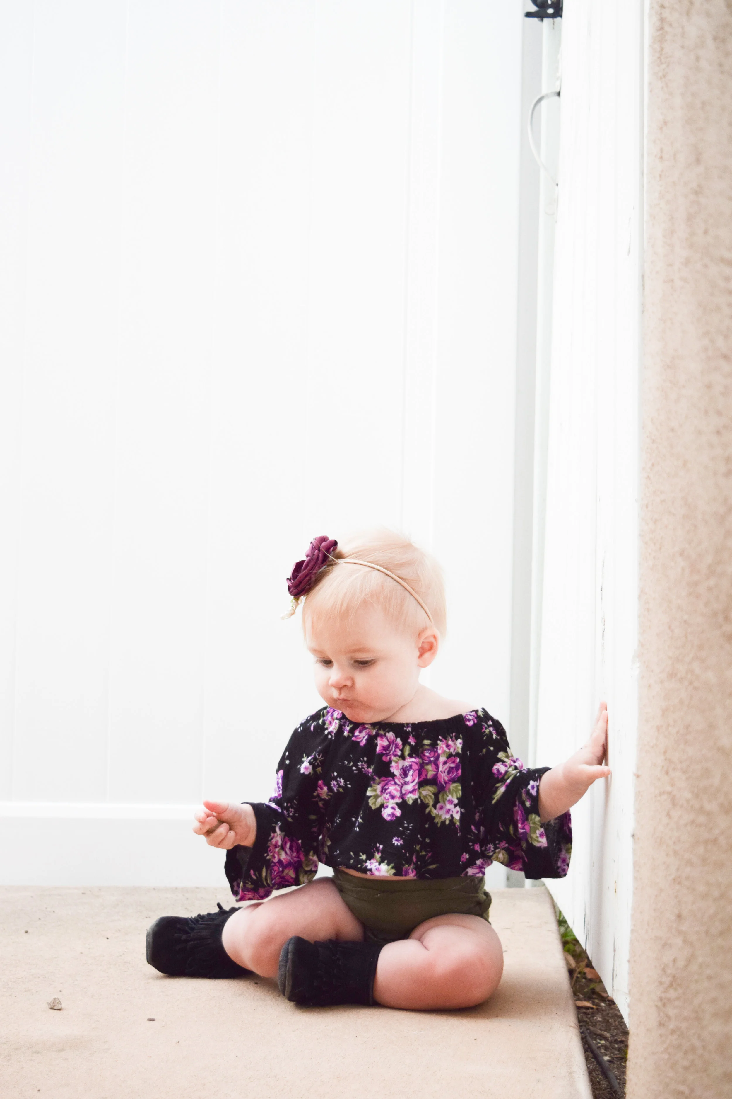 BABY FASHION - purple floral crop top, olive baby bloomers, purple floral baby headband, black baby fringe boots