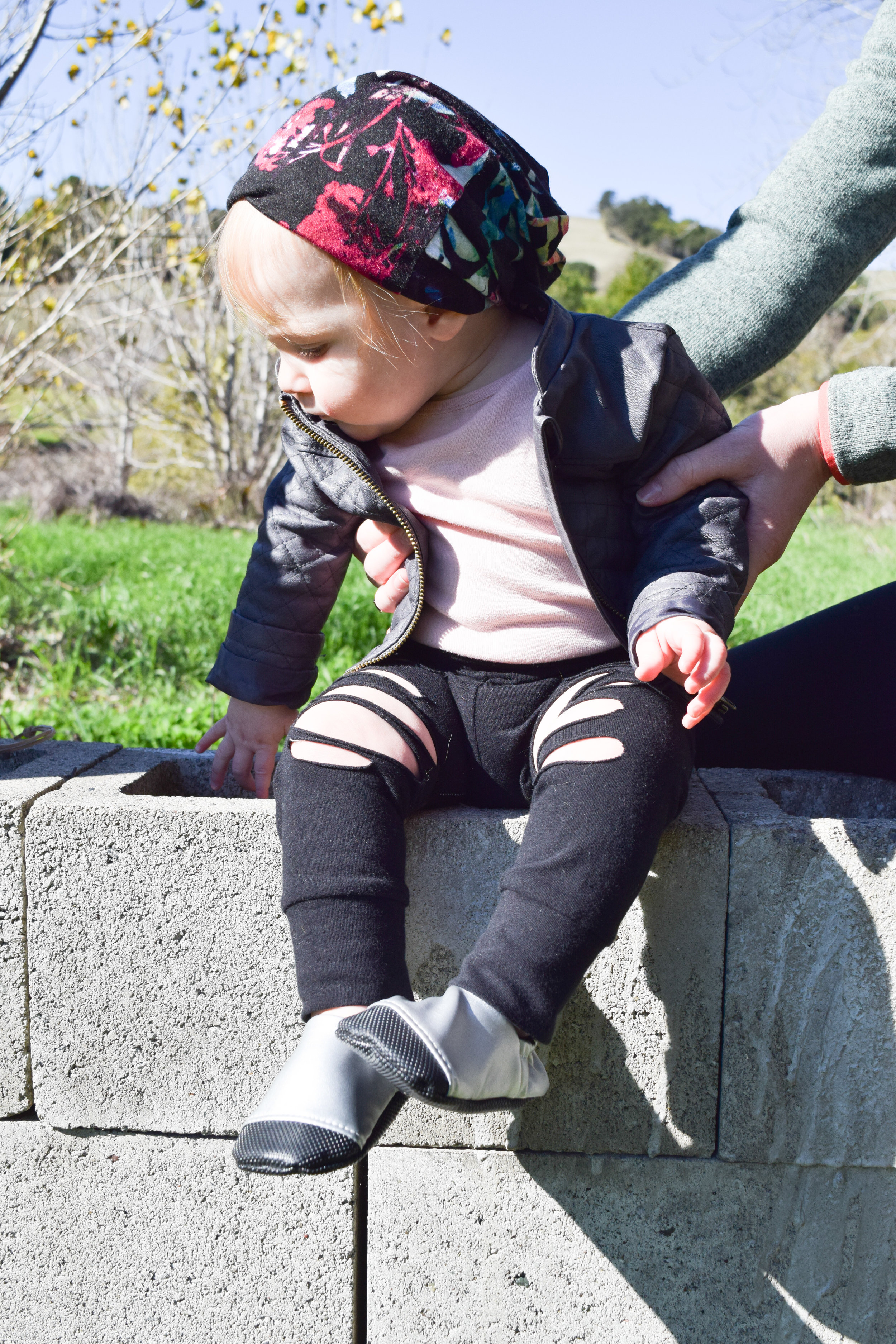 BABY FASHION | silver baby shoes, back torn baby leggings, baby leather jacket