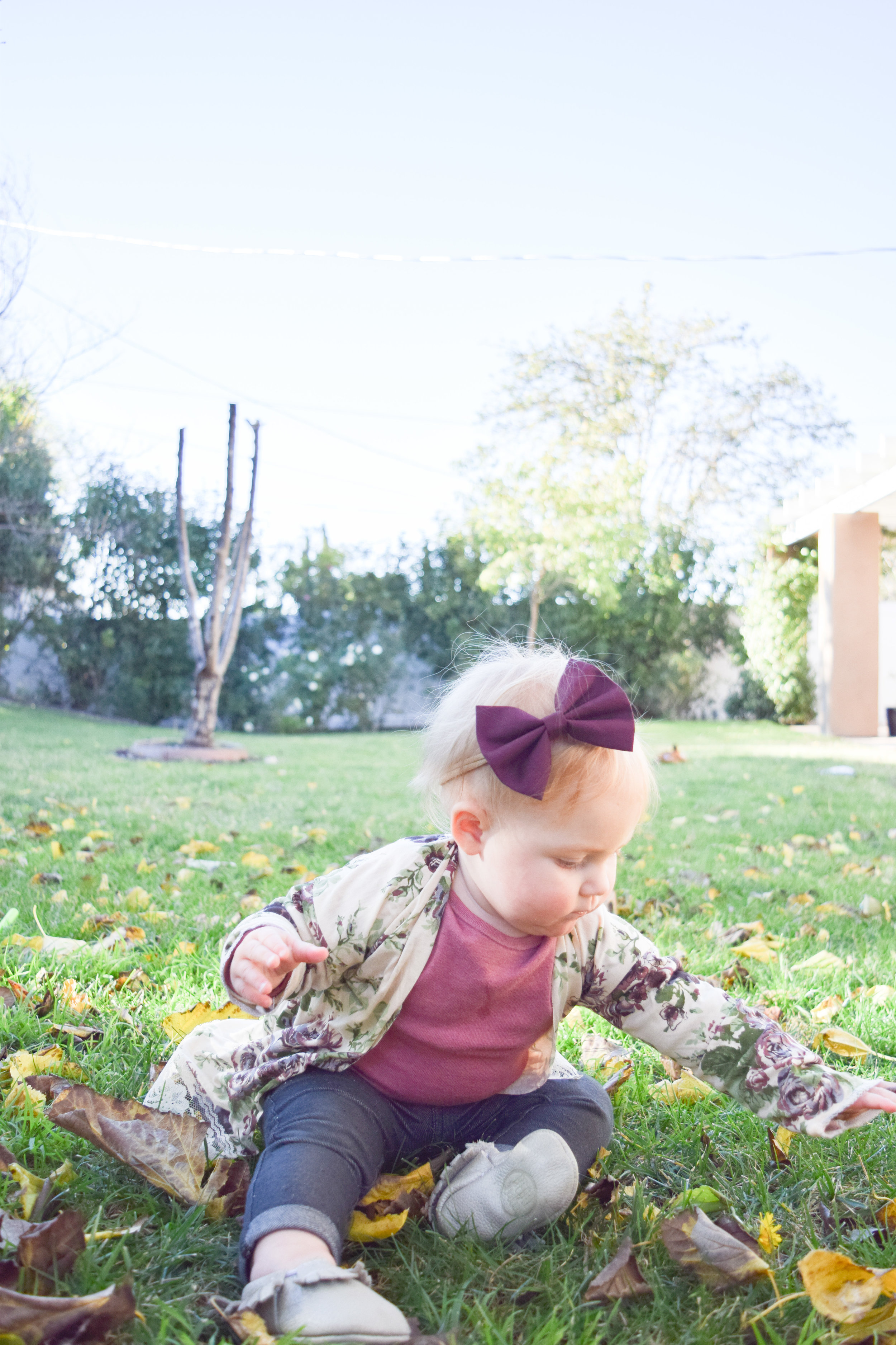 baby floral kimono, maroon baby bow, baby skinny jeans
